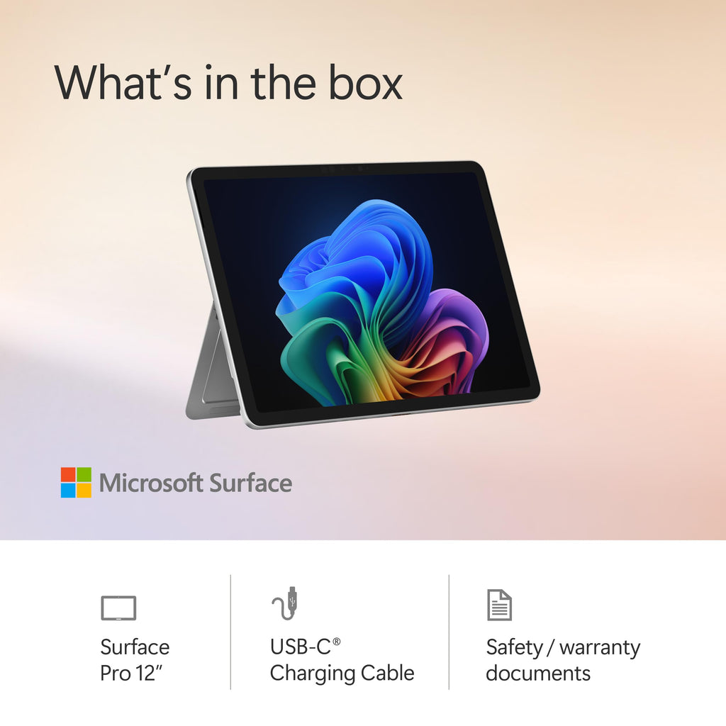 Microsoft Surface Pro 2-in-1 Laptop/Tablet (2025), Windows 11 Copilot+ PC, 12" Touchscreen Display, Snapdragon X Plus (8 Core), 16GB RAM, 256GB Storage, Platinum
