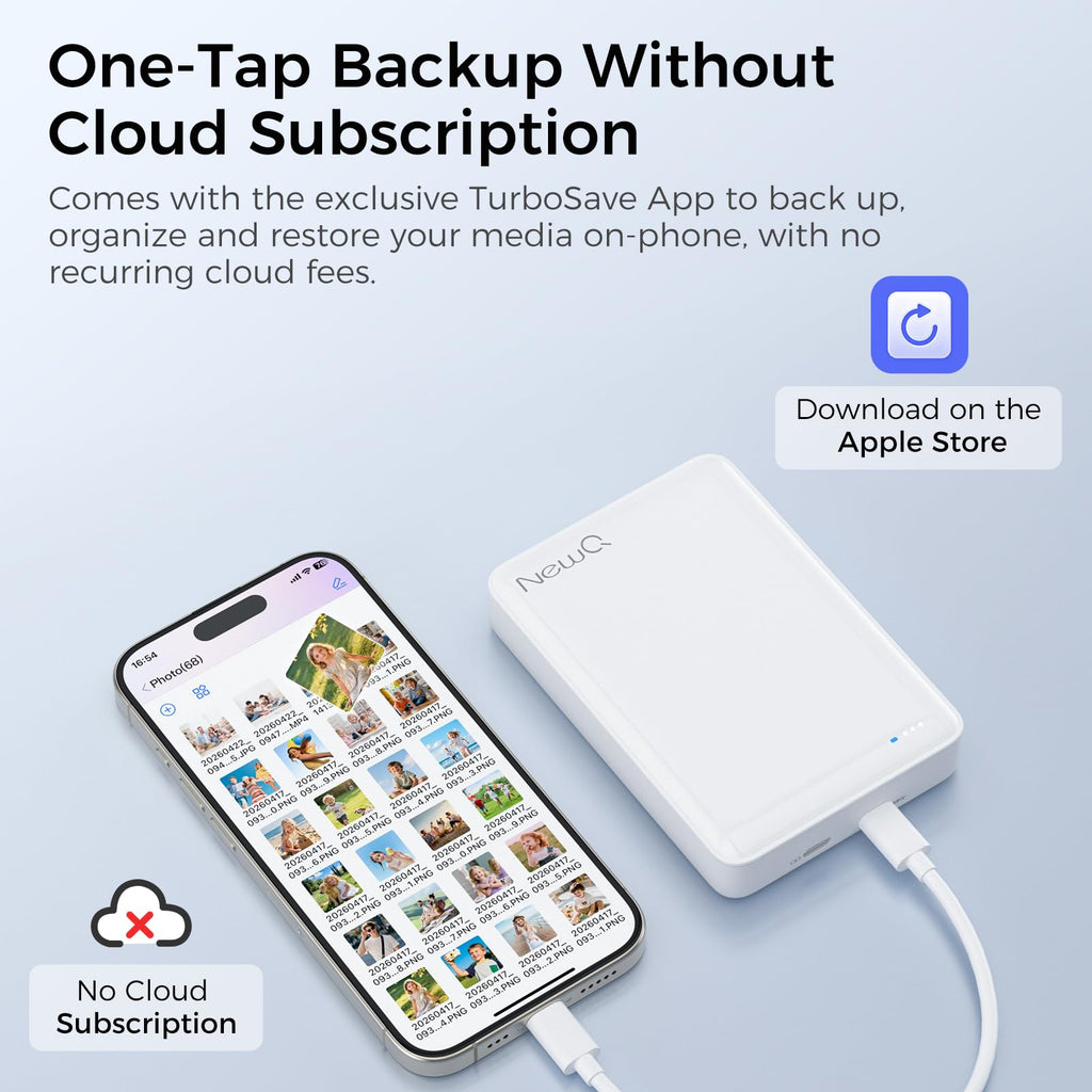 NEWQ 2TB External Hard Drive for iPhone, Portable Phone Drive with App to Backup Photos, Videos and Files, for iPhone 15/16/17/18 Series