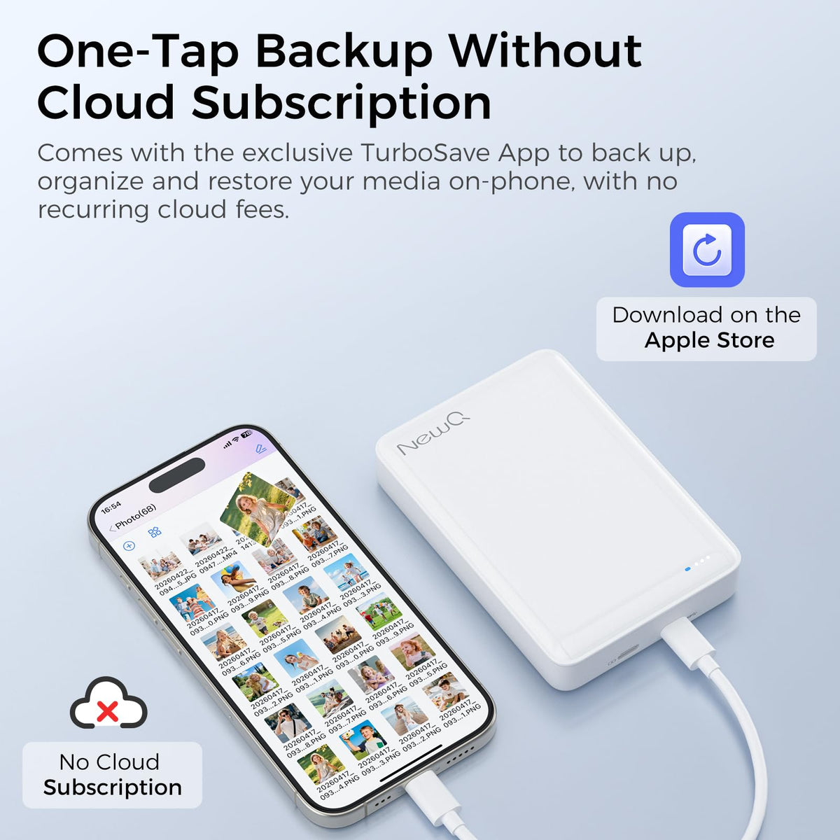 NEWQ 2TB External Hard Drive for iPhone, Portable Phone Drive with App to Backup Photos, Videos and Files, for iPhone 15/16/17/18 Series