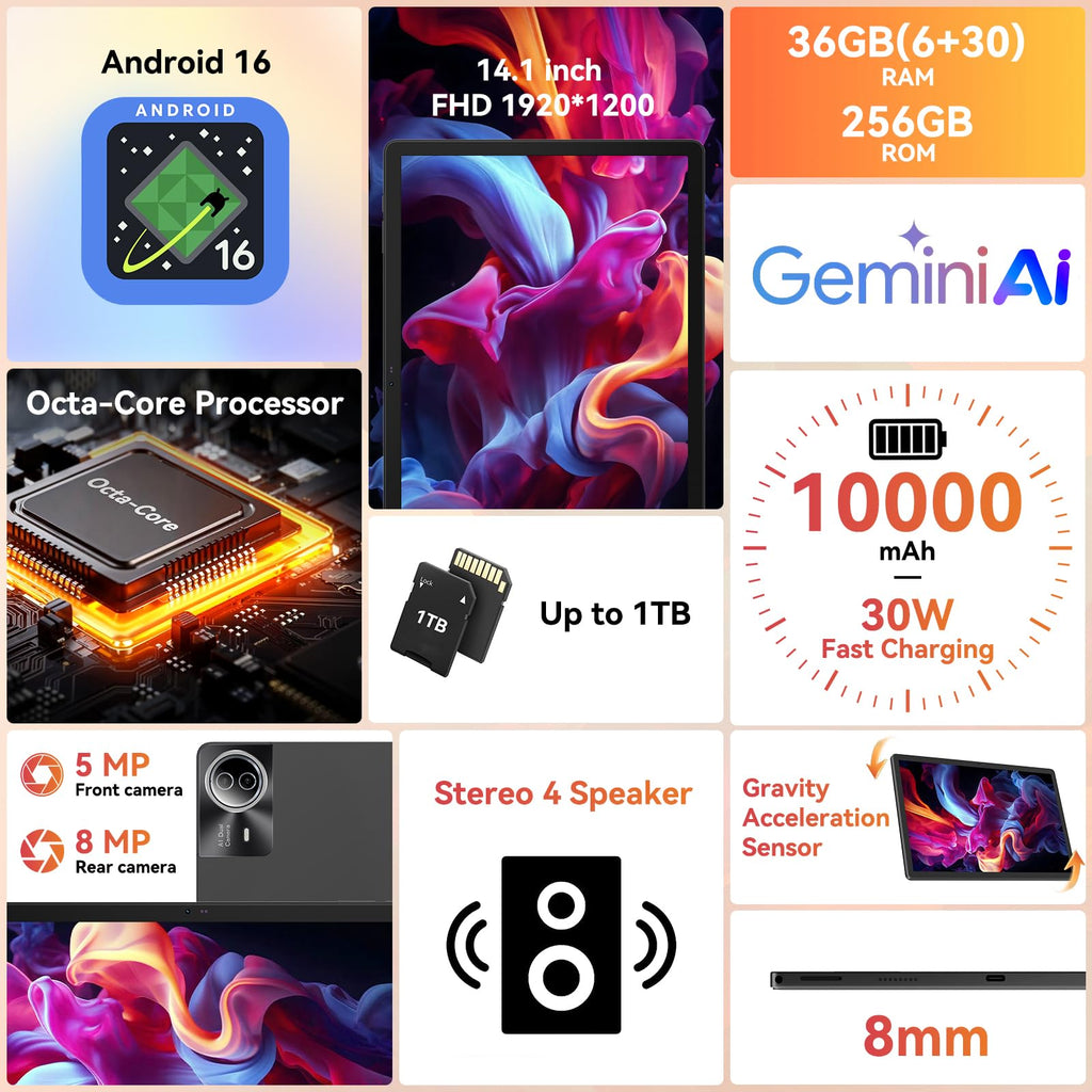 Tablet｜14 inch Android 16 Tablet｜36GB RAM 256GB ROM ｜1920 * 1200 IPS FHD｜10000mAh 30W Fast Charging｜Octa-core Processor｜Wi-Fi 6, BT 5.4｜Dual Camera with Gemini AI｜Keyboard｜Stylus｜Case｜Headphone