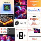 Tablet｜14 inch Android 16 Tablet｜36GB RAM 256GB ROM ｜1920 * 1200 IPS FHD｜10000mAh 30W Fast Charging｜Octa-core Processor｜Wi-Fi 6, BT 5.4｜Dual Camera with Gemini AI｜Keyboard｜Stylus｜Case｜Headphone