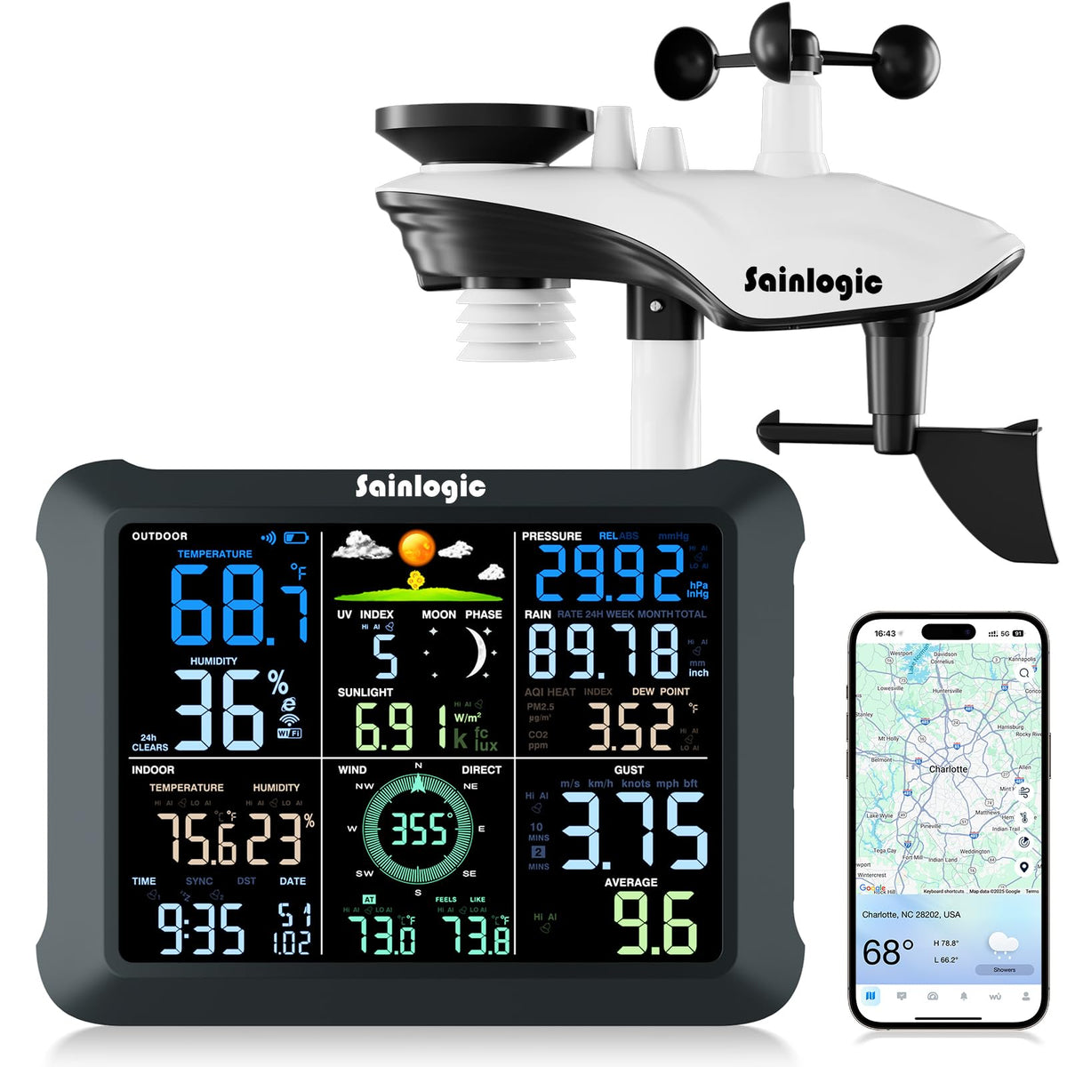 Sainlogic 14-in-1 WiFi Smart Weather Station with 24H/ 7Days Accurate Weather Forecast by Weatherseed® AI, 8.5" Large Display,UV,Sun Light,Rain Gauge,Wind Gauge,2-Year Data Storage & Export(Only 2.4G)