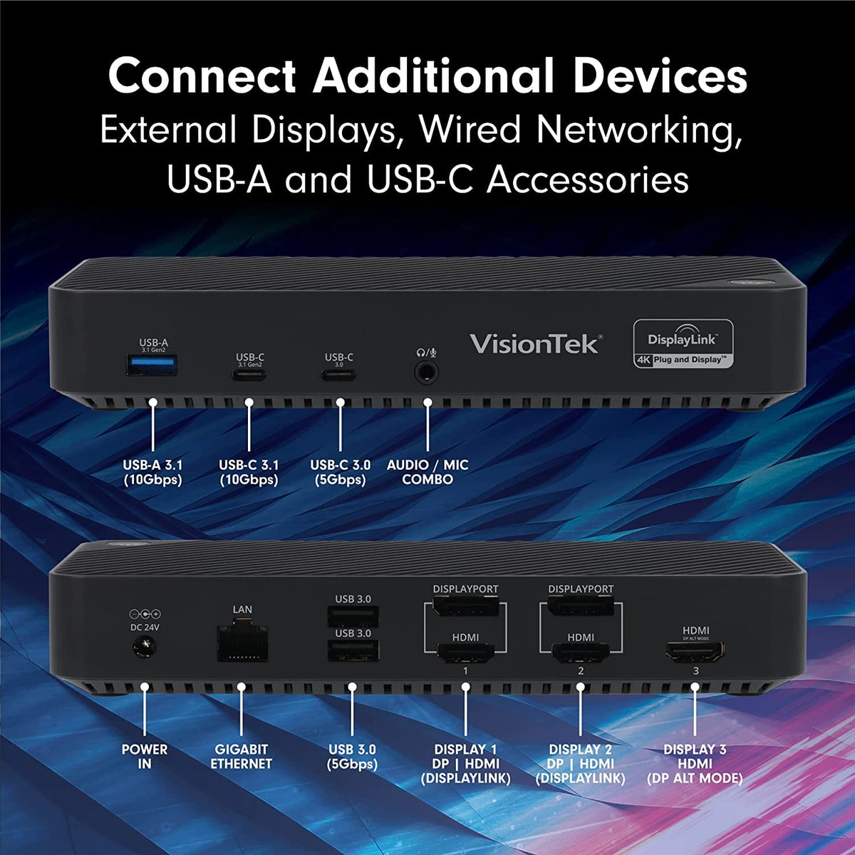 VisionTek VT7000 USB-C 3X Monitor Docking Station - 100W Power, 3X HDMI, 2X DP, 3X USB-A, 2X USB-C, Audio, Ethernet for Windows/MacOS/ChromeOS, White Box