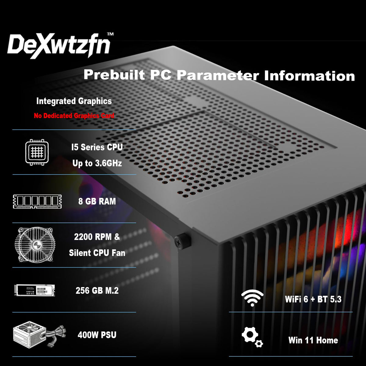 Budget Desktop Computer, i5 CPU Up to 3.6GHz, 8GB RAM, 256GB M.2 SSD, Integrated Graphics, Colorful Case Fans x 3, WiFi 6 + BT5.3, Prebuilt Computer for Home, Office and Study, Win 11 Home