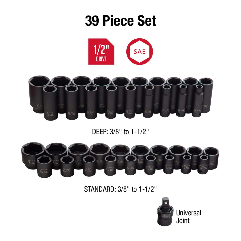SUNEX TOOLS 2668, 1/2 Inch Drive Master Impact Socket Set, 39-Piece, SAE, 3/8" & 3325 3/8-Inch Drive SAE Master Impact Socket Set., Standard/Deep, 6-Point, Cr-Mo, 5/16-Inch