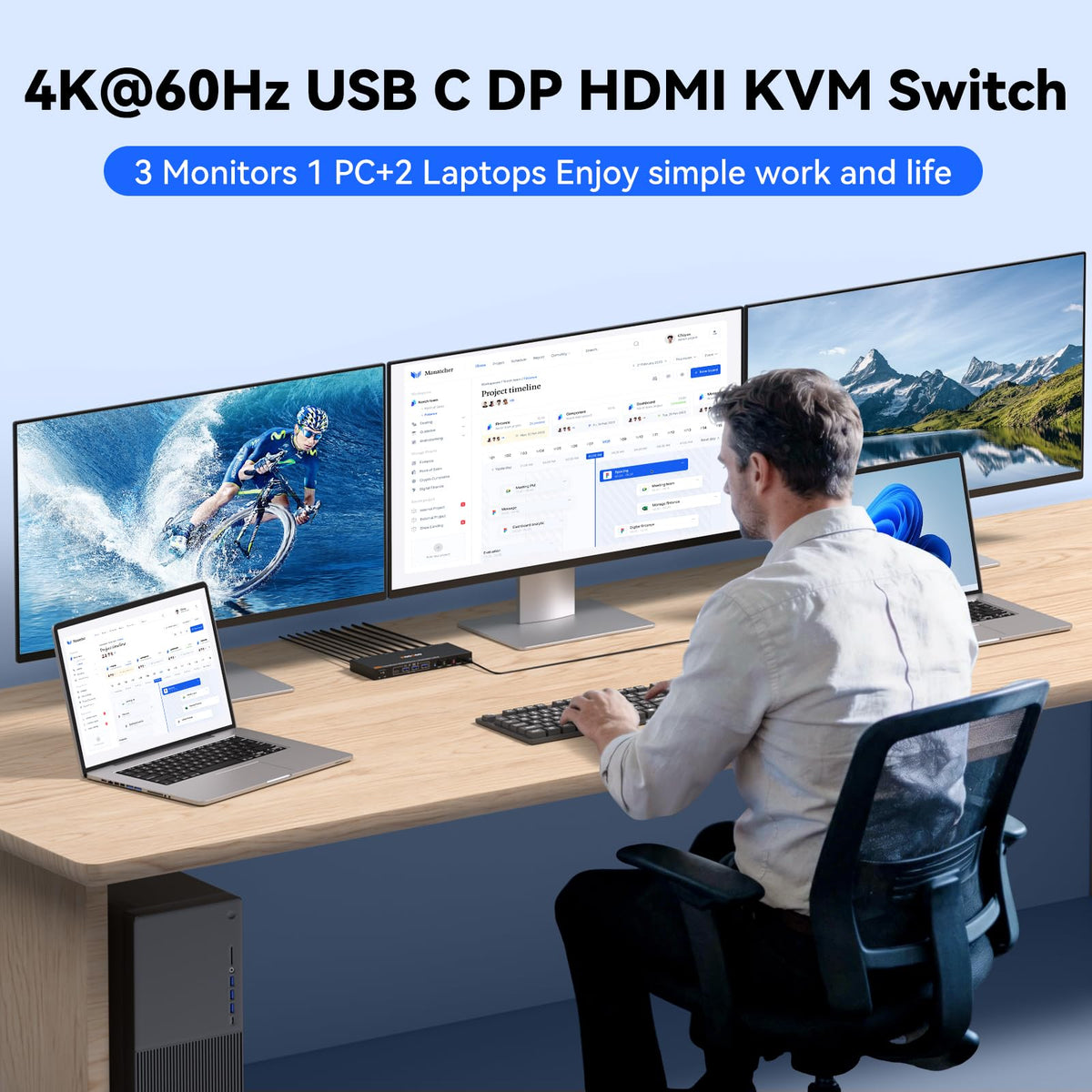 USB C DP KVM Switch 3 Computers 3 Monitors,4K/1080P@60Hz MST KVM Switch for 1 PC&2 Laptop Share 3 Monitor with 4 USB3.0 Devices,PD for Laptop, USB Cables and Power Adapter(4K USB C DP 3 in 3 Out KVM)