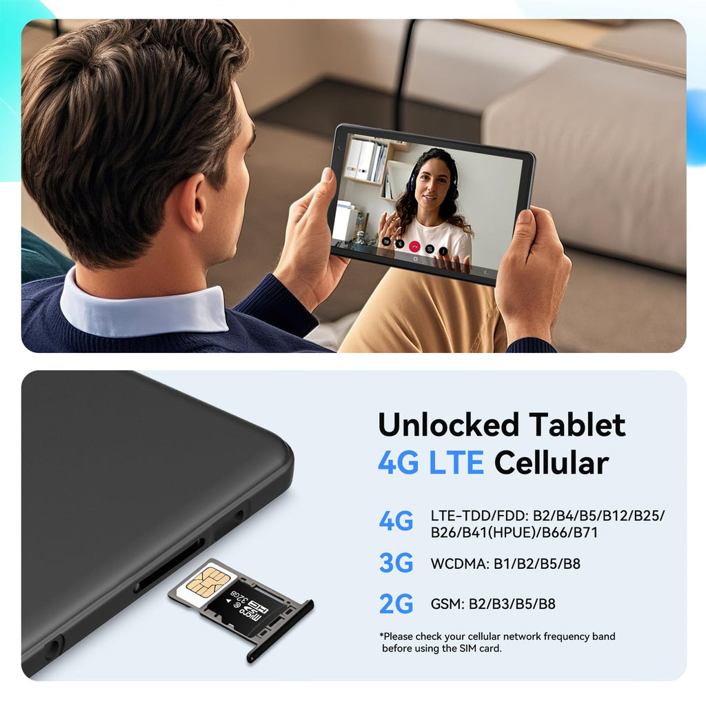 8 Inch Tablet Android 15 Tablet with Sim Card Slot Uncloked Cellular Phone with 4G LTE Octa Core 12GB RAM 64GB ROM 2TB TF Expandable Tableta with Case