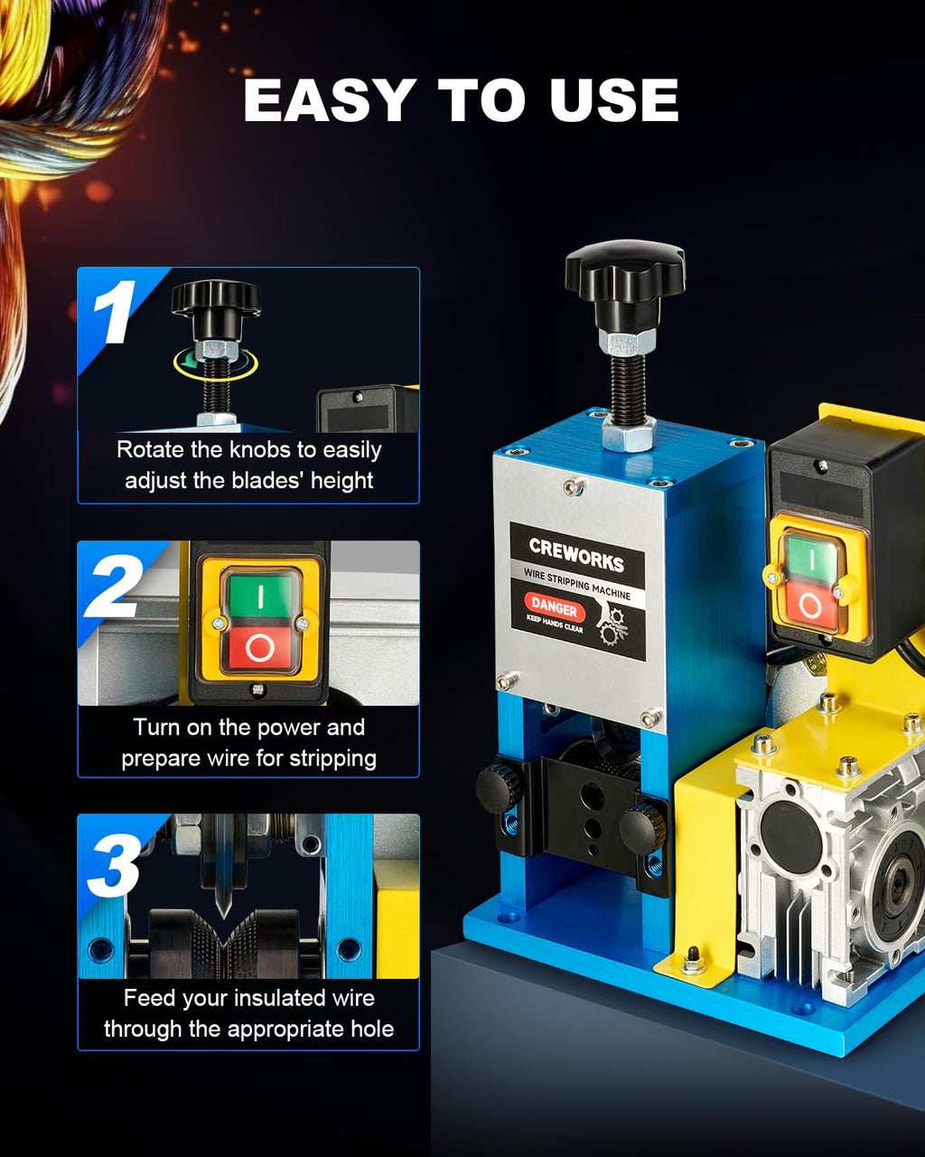 CREWORKS 180W Electric Wire Stripper Machine, 0.06"-1.18" Automatic Wire Stripping Machine, Wire Stripping Tool for 1.5-30 mm Scrap Wire, 5 Channel Copper Wire Stripper Tool for Cable Recycling