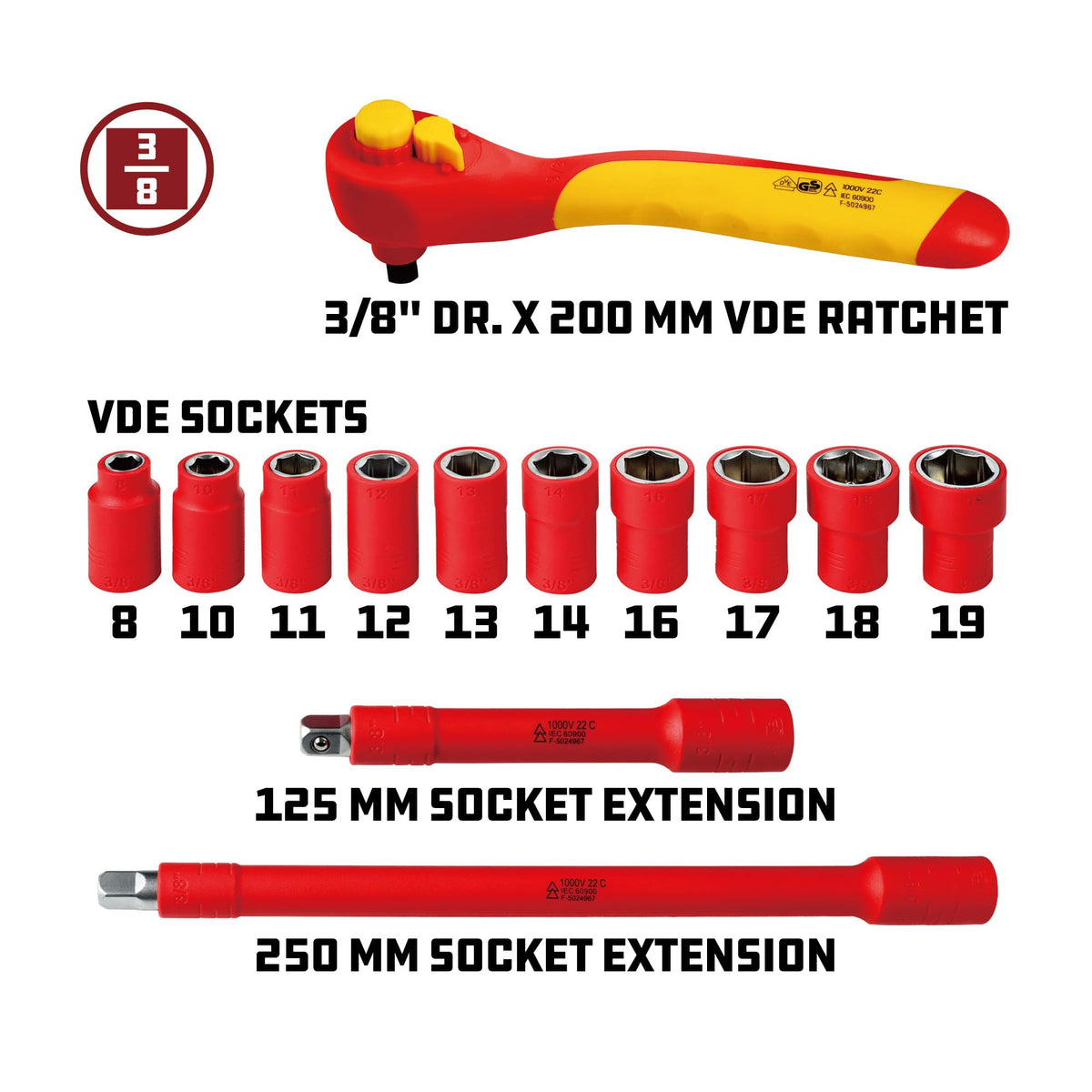 Powerbuilt 13-Piece VDE Tool Set, Insulated Ratchet, Sockets, Extensions, High-Voltage Electrical and Hybrid Vehicles, Home Repair - 642937