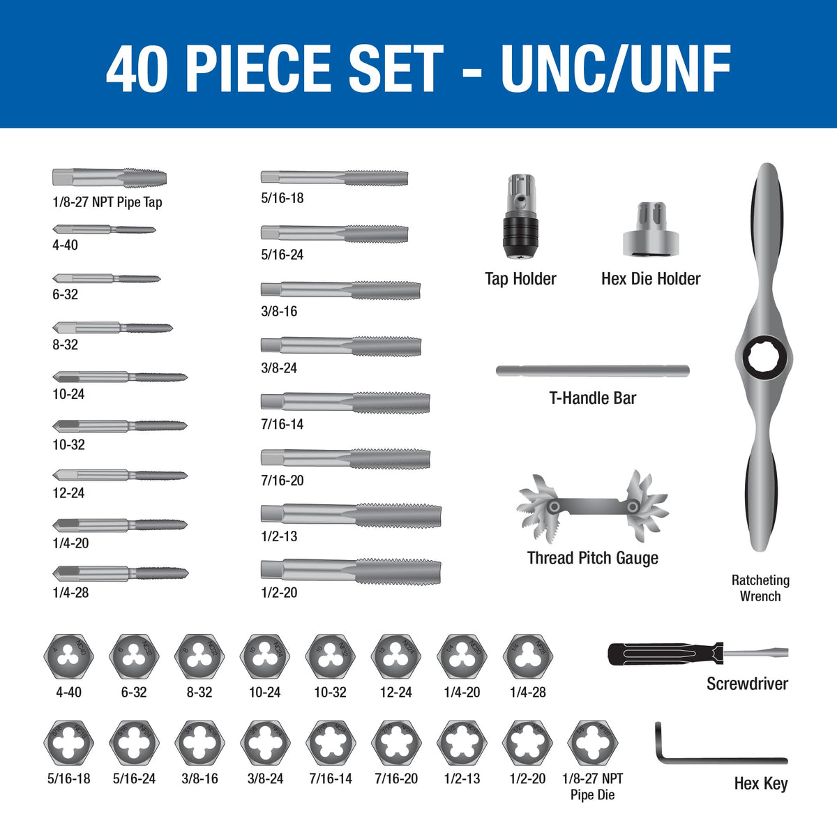 Champion Cutting Tool 40-Piece Tap and Die Set, UNC/UNF SAE Sizes with Ratcheting Wrench, High Speed Plug Taps and Hex Dies for Metalworking, Automotive, Construction, Part# CS40P-A