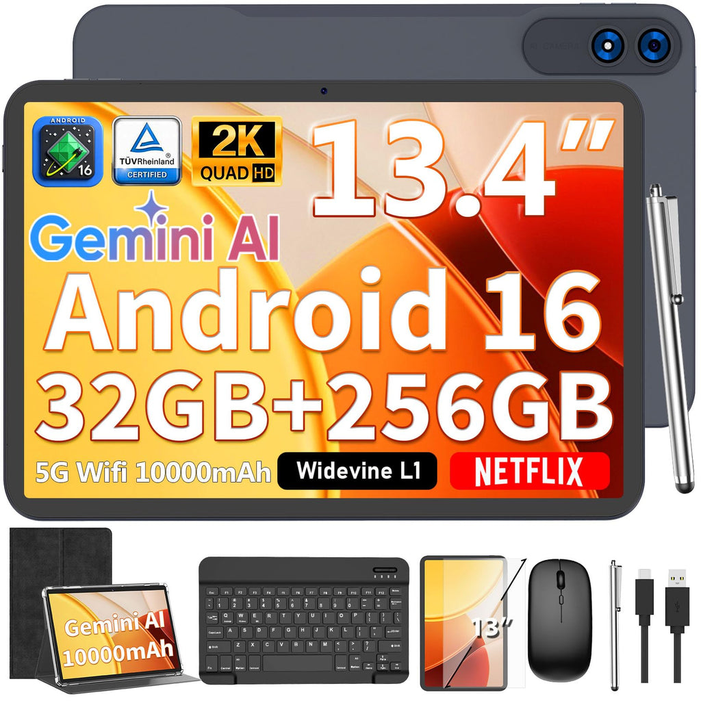 13 inch Tablet with Keyboard - 2026 Gemini AI Android 16 Tablet,Black Case