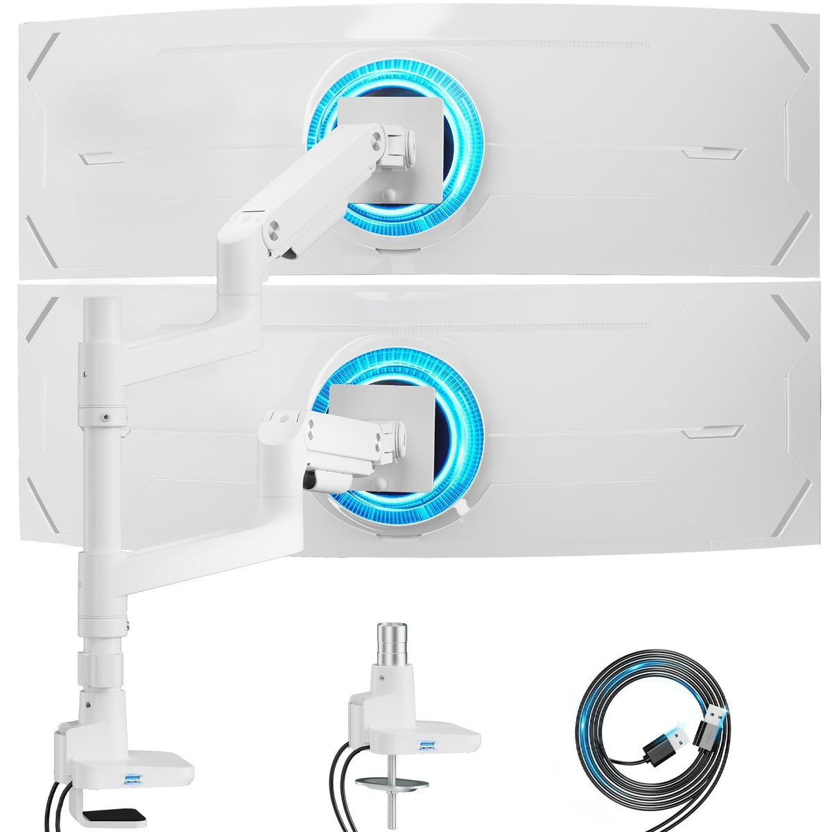 ARES WING Dual Monitor Stand for Desk, Arm with USB A/C for 17 to 49 Inch