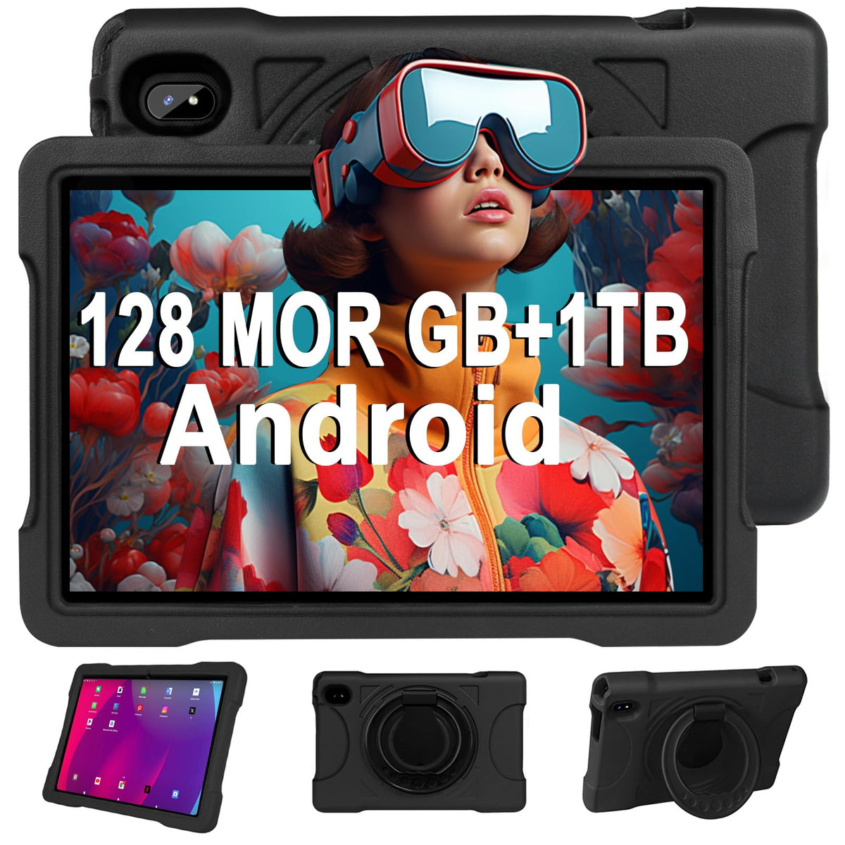 JUSYEA Tablet 10 Inch Android, 12GB+128GB+1TB TF, Family Edition, 5G+2.4G WiFi, 2.0GHz Dual-Core Processor, BT 5.0, 6000mAh Battery, 8MP+5MP Cameras, Includes EVA Case-Black