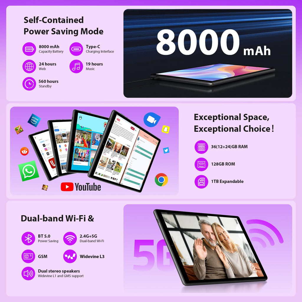 2026 Tablet with Keyboard,Stylus & Mouse, 10.3 Inch Android 13 Tablets, 2K IPS Screen, 19GB RAM 256GB (1TB TF), 8000mAh, 8-Core,8+13MP, 5G/2.4G WiFi,Tablets for Students, Adults, Play- Gray