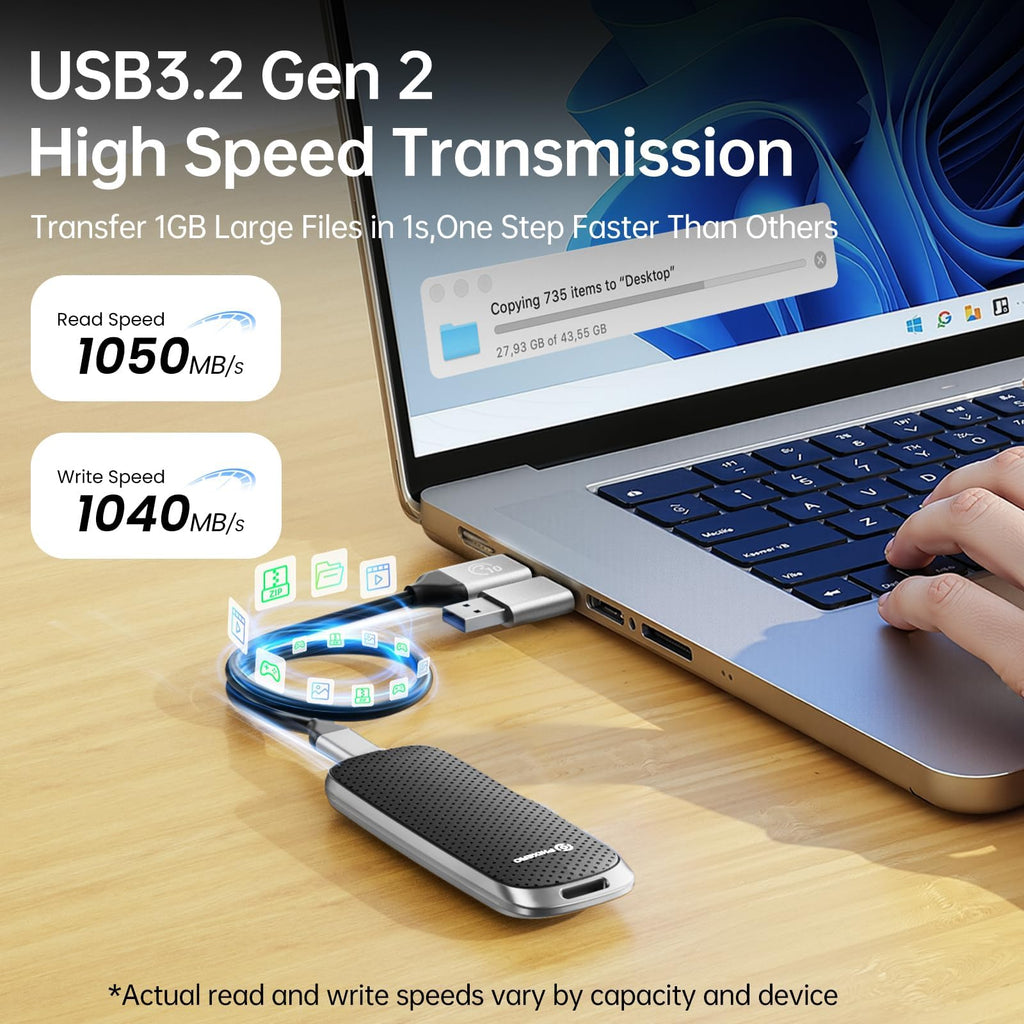 P10PRO External SSD 1TB, Portable SSD NVMe, USB 3.2 Gen2, 1050MB/s