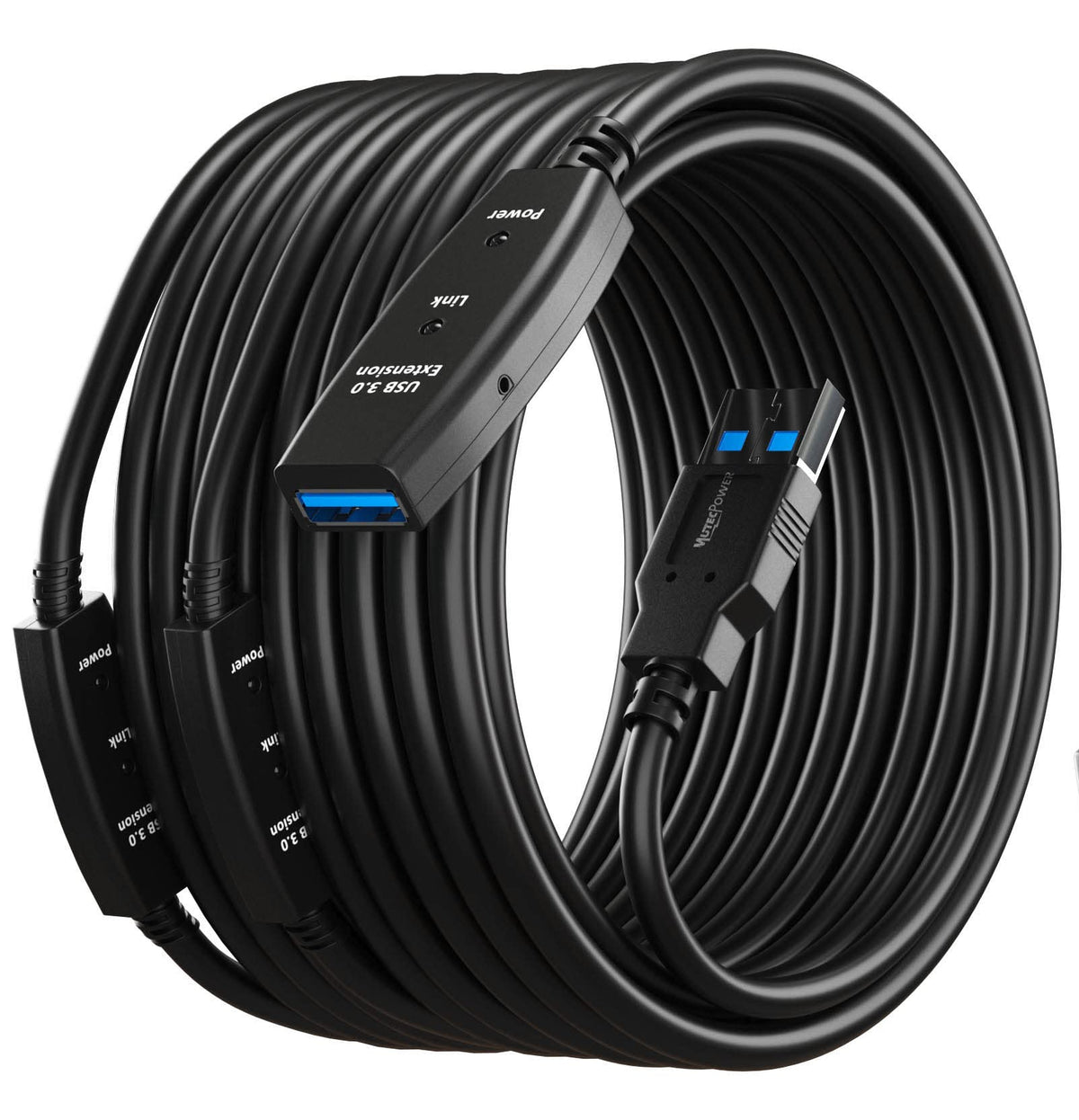 MutecPower 100 Feet Active USB Extension Cable 3.0 Male to Female with 3 Extension chipsets Signal Booster - Repeater Cord 30 Meters / 100 Feet (AC Power Supply Included)