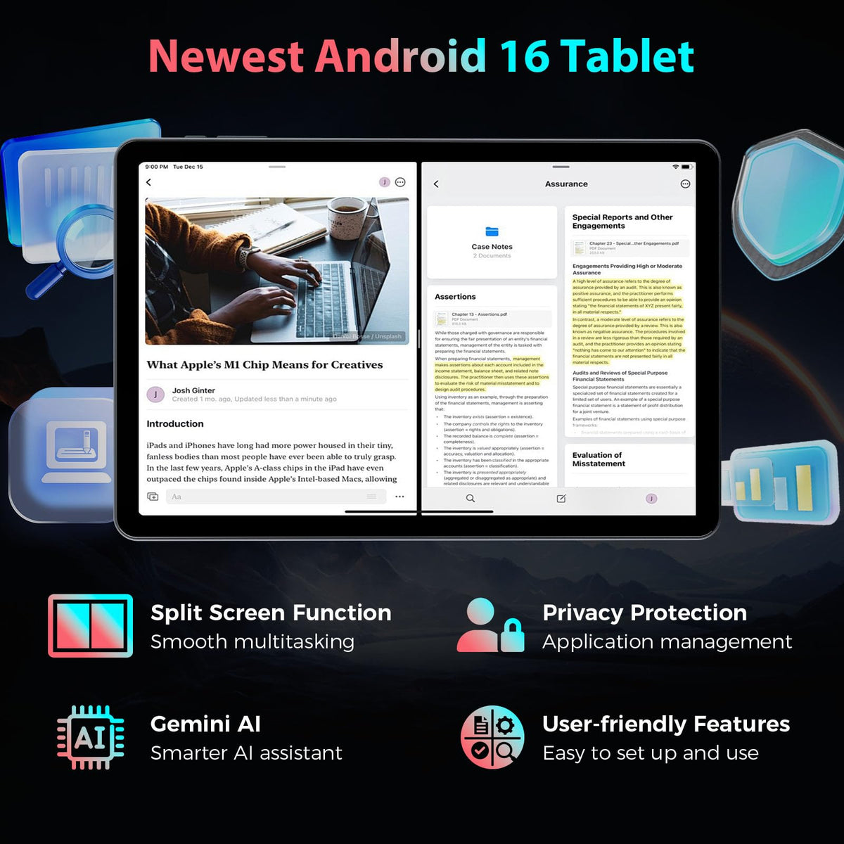 13 inch Tablet with Keyboard - 2026 Gemini AI Android 16 Tablet,Black Case