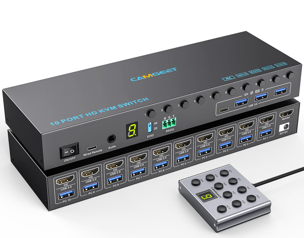 10 Port 8 Port HDMI KVM Switch 4K@60Hz EDID Simulation, USB3.0 KVM Switch HDMI for 10 Computers Share 1 Monitor and 4 USB Devices, KVM Switches with Audio RS232 Wired Remote 12V Power and USB Cable