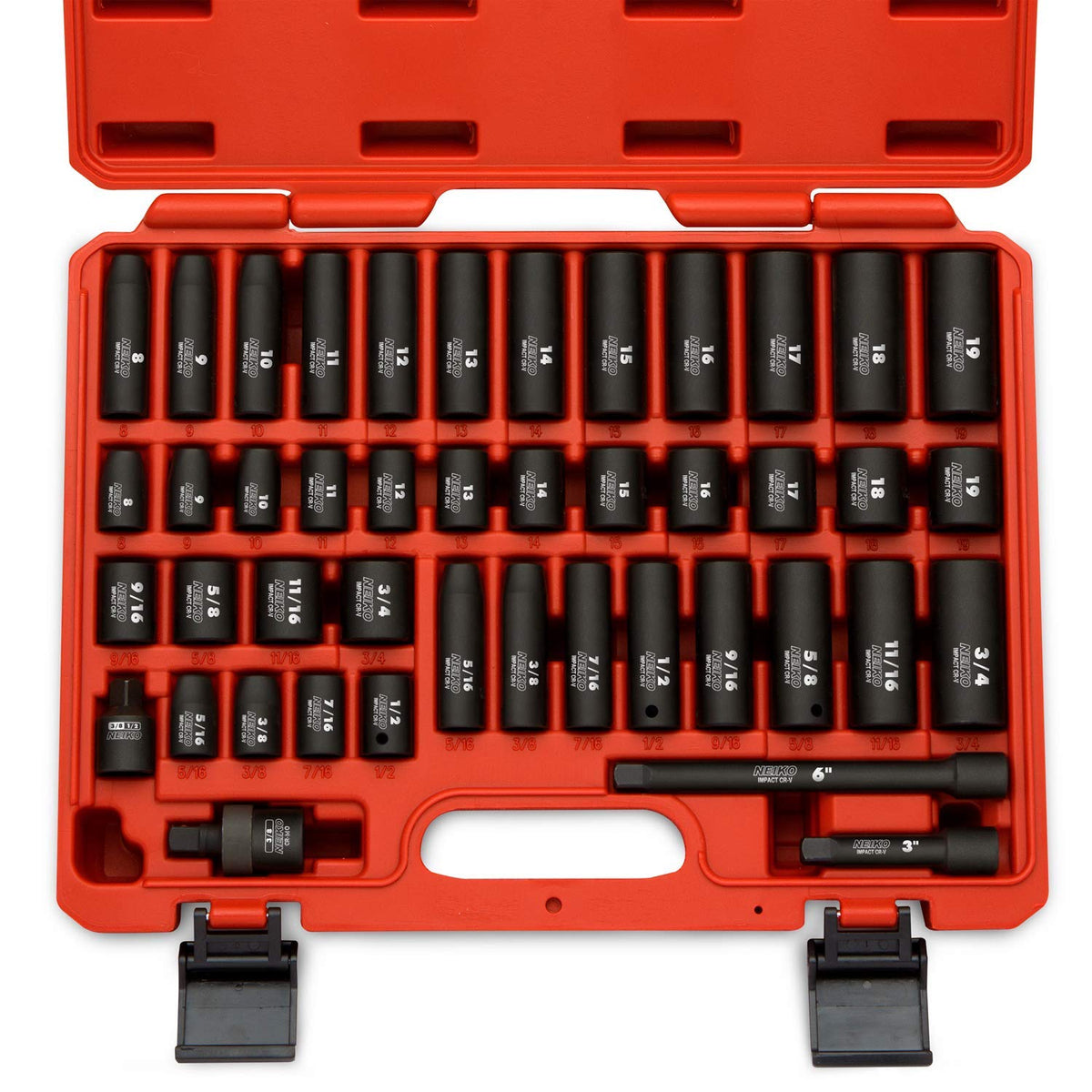 NEIKO 02471A Impact Socket Set, 3/8” Drive, 67 Piece, Metric and Standard Master Socket Set with Shallow & Deep Sockets, Ratchet, Swivel Sockets, Extension Bars, Adapters, Cr-V & Cr-Mo