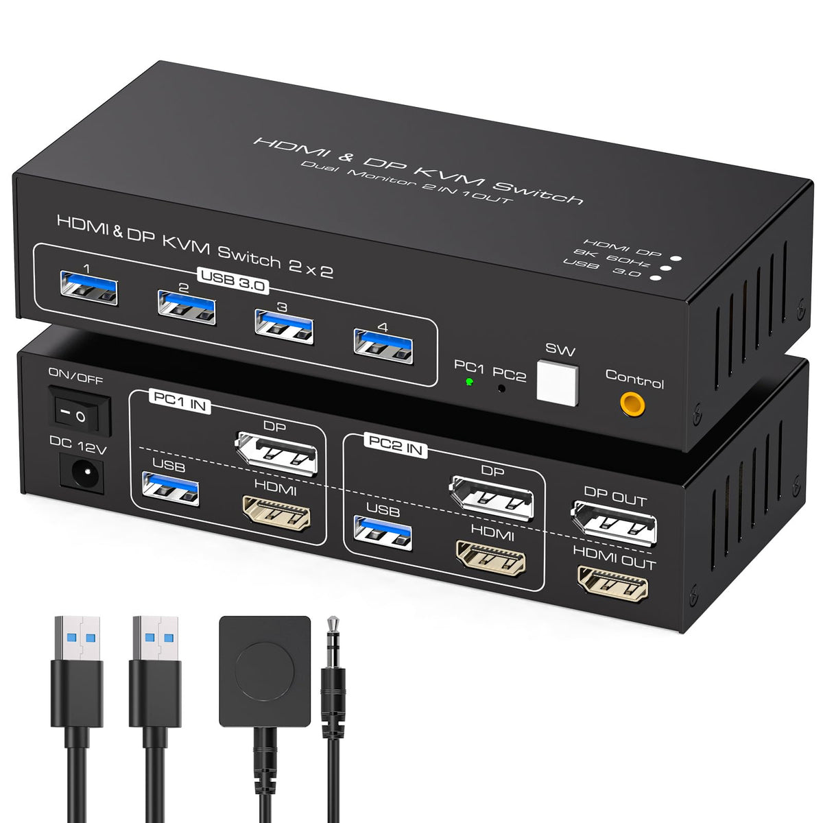 USB C KVM Switch Docking Station for 2 Montors 2 Laptops or MacBook with Displaylink,14-in-1 Thunderbolt Docking Station Support Extended/Copy Mode with 4K@60Hz HDMI and Displayport Dual Display Out