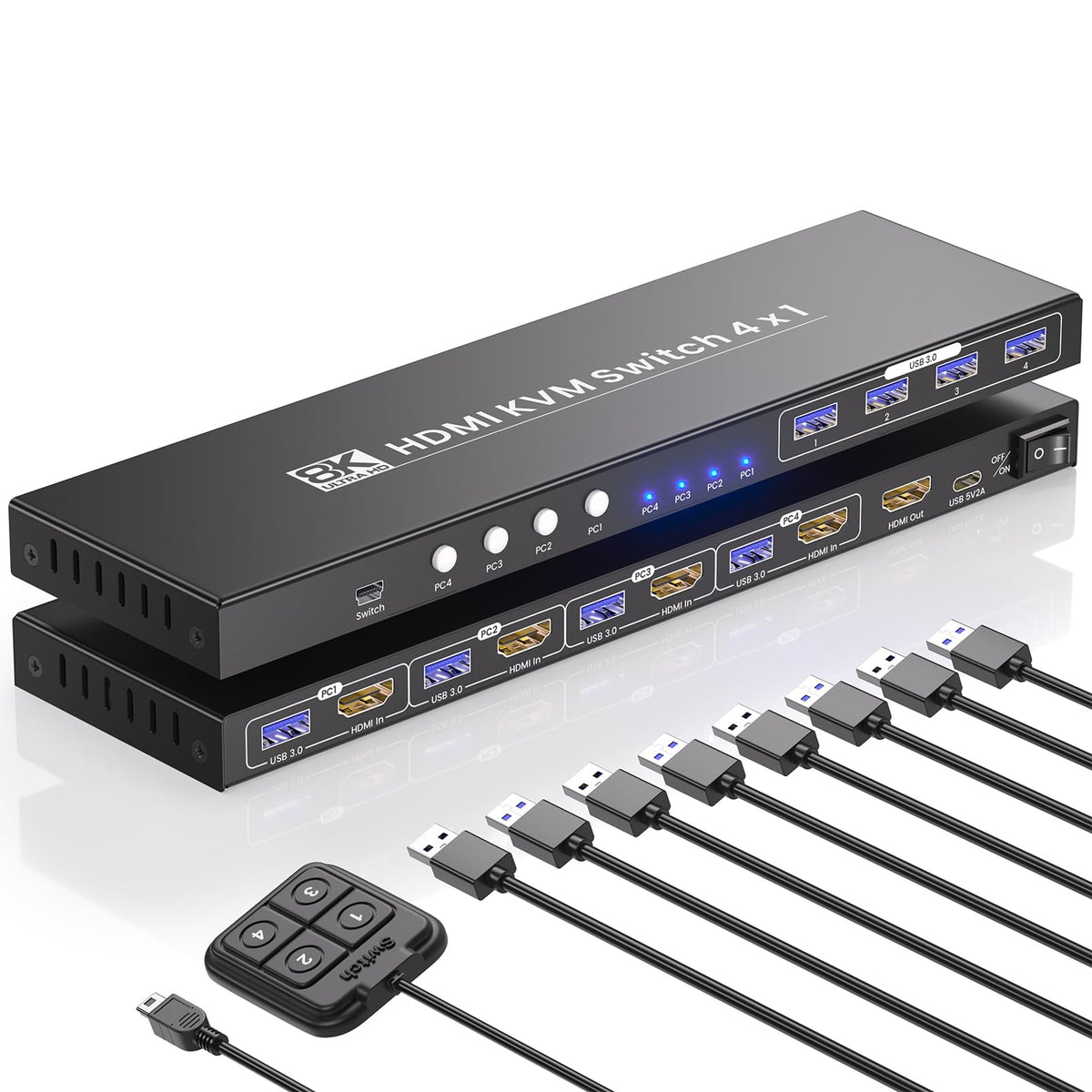Dual Monitor HDMI KVM Switch, 8K60Hz 4K120Hz KVM Switch 2 Monitors 4 Computers for 4 PCs Management with 1 Set of Keyboard and Mouse, 4-Port USB 3.0 Sharing