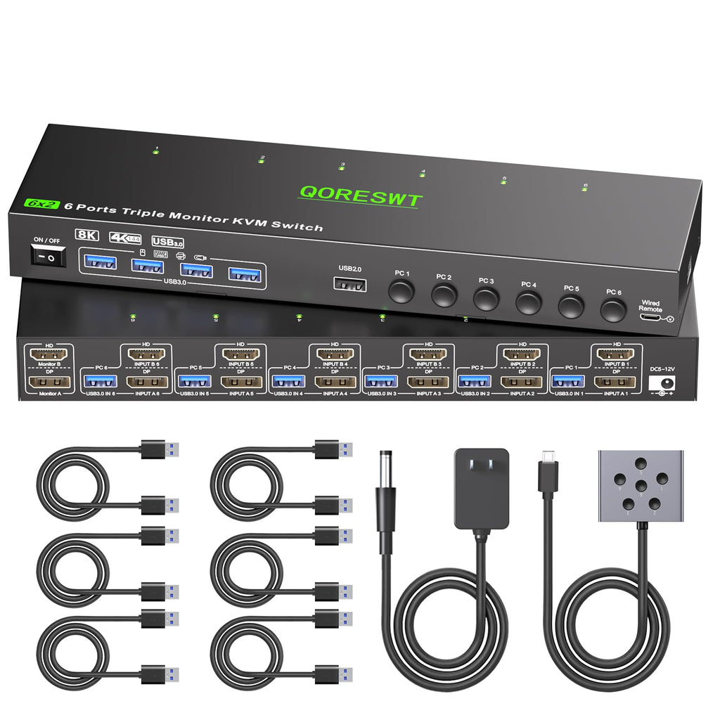 KVM Switch 3 Monitors 5 Computers HDMI + DisplayPort, 8K@30Hz/4k@144Hz Three Monitor KVM Switcher, Triple Monitor KVM for 5 PC, Widely Used in Education, Scientific Research, and AI Office