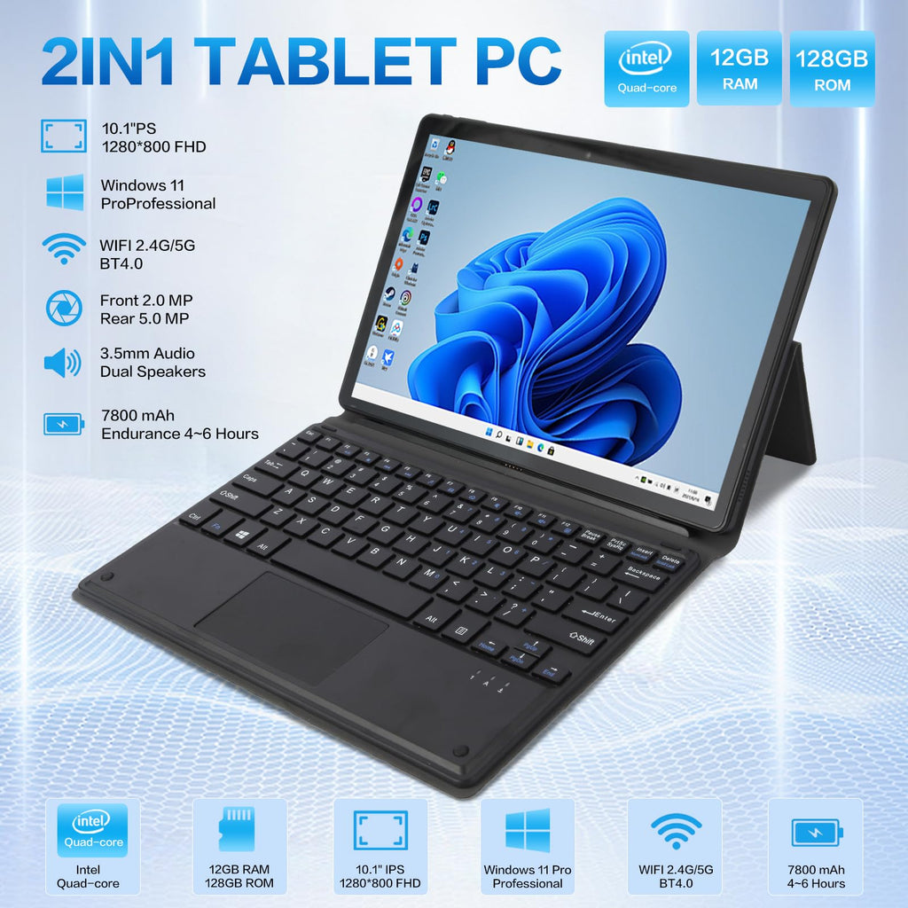 10.1" 2-in-1 Windows Tablet / Laptop, IPS Touchscreen,12GB RAM 128GBSSD