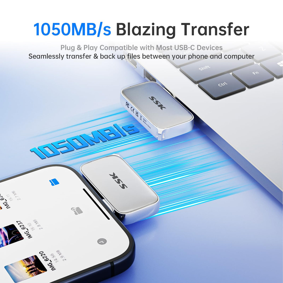 SSK USB-C Drive 1TB Portable SSD External Solid State Drive Up to 1050MB/s
