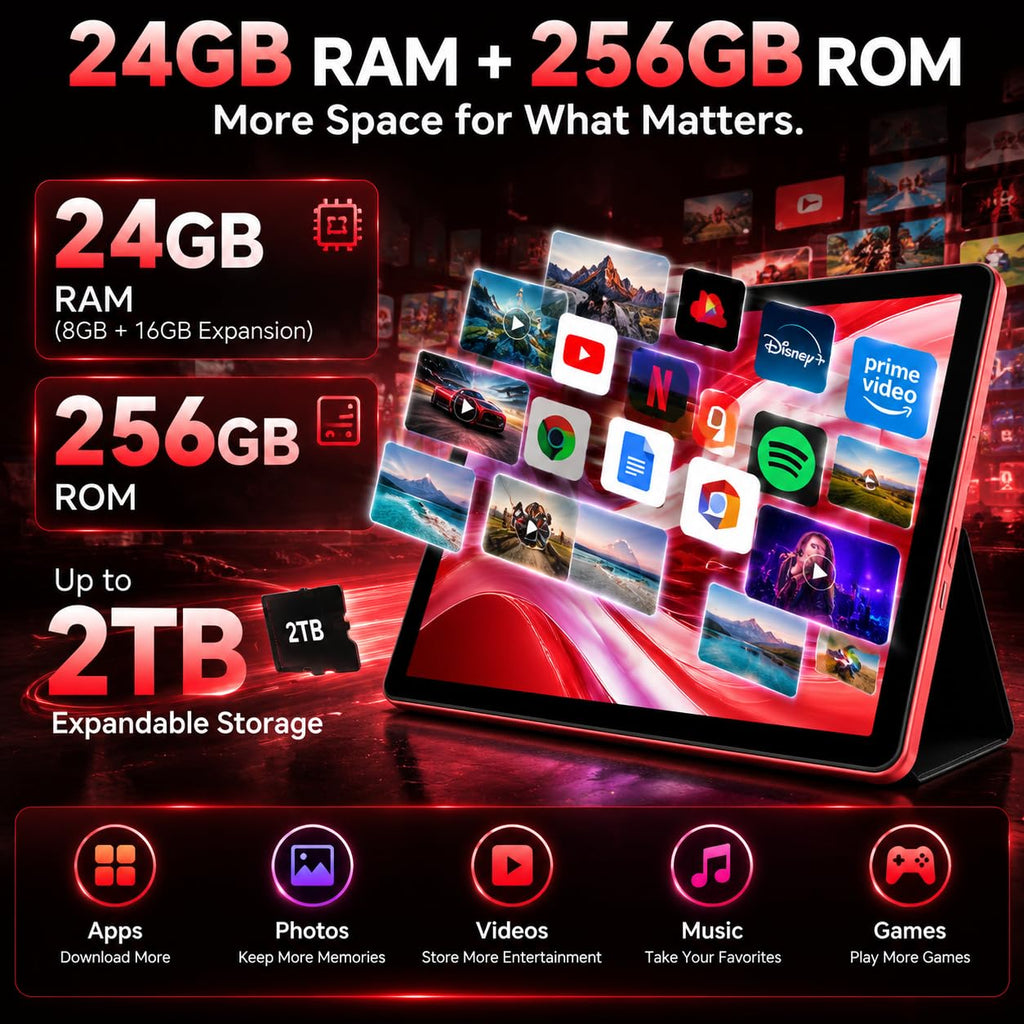 11 Inch Android Tablet, Incell IPS Display, GMS Certified, Gemini AI Assistant, 24GB RAM+256GB ROM, 2TB Expand, 8000mAh, Octa-Core, Keyboard & Mouse Included, Full Metal Body, 5G WiFi, BT5.0, GPS-Red
