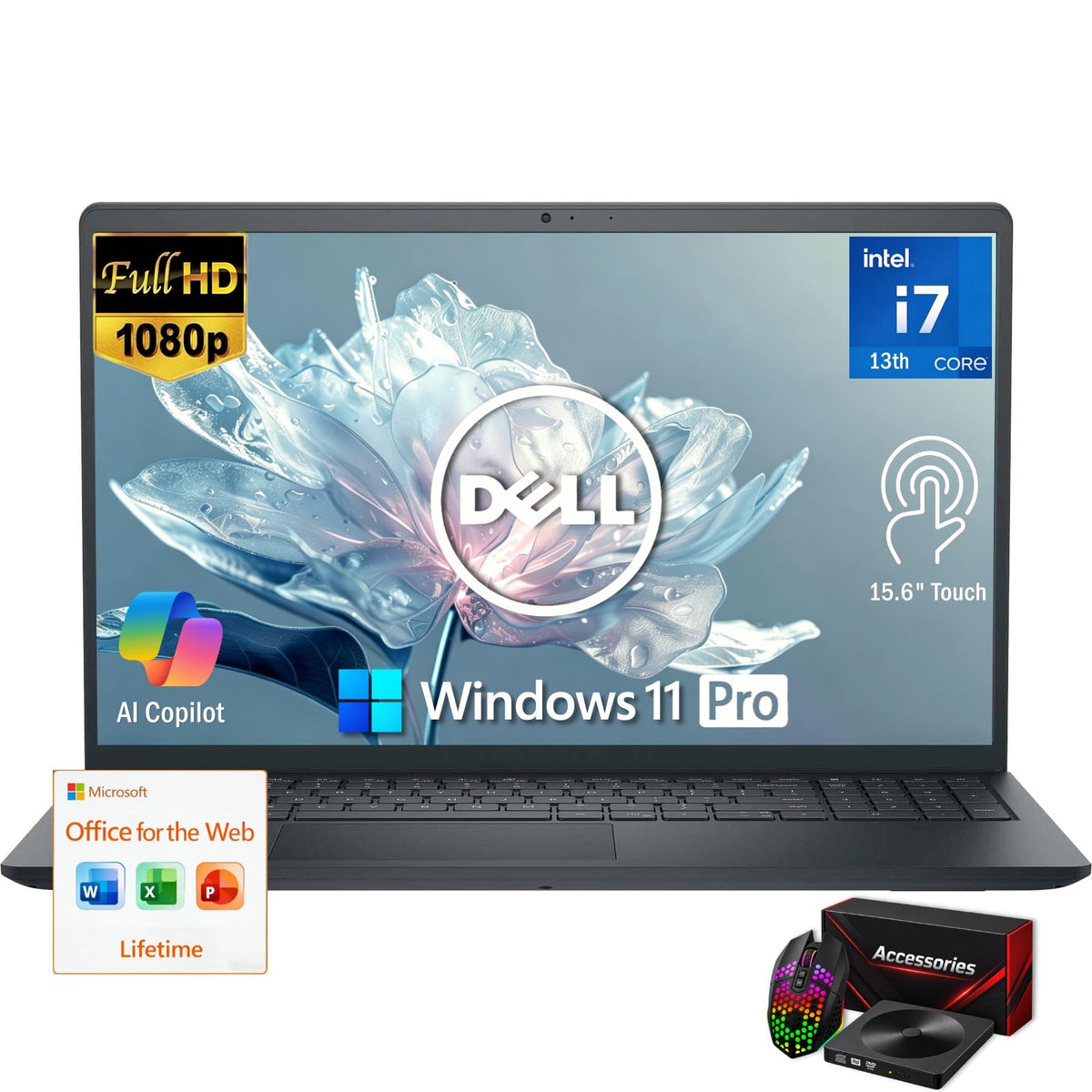 Dell Inspiron 15 FHD Touch Laptop, 13th Intel i5-1334U, 16GB RAM, 512GB SSD