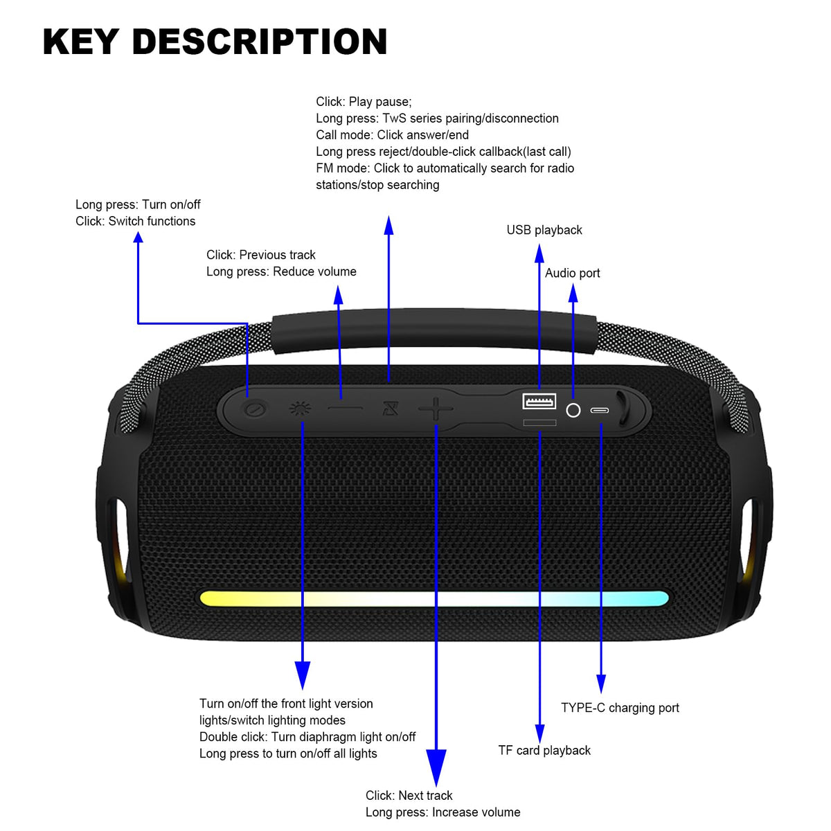 Bluetooth Speaker with 20W Deep Bass, Waterproof Wireless Outdoor Speaker with Colorful LED Lights, TWS Pairing, Loud Speaker for Party, Beach, Travel & Home (Black)