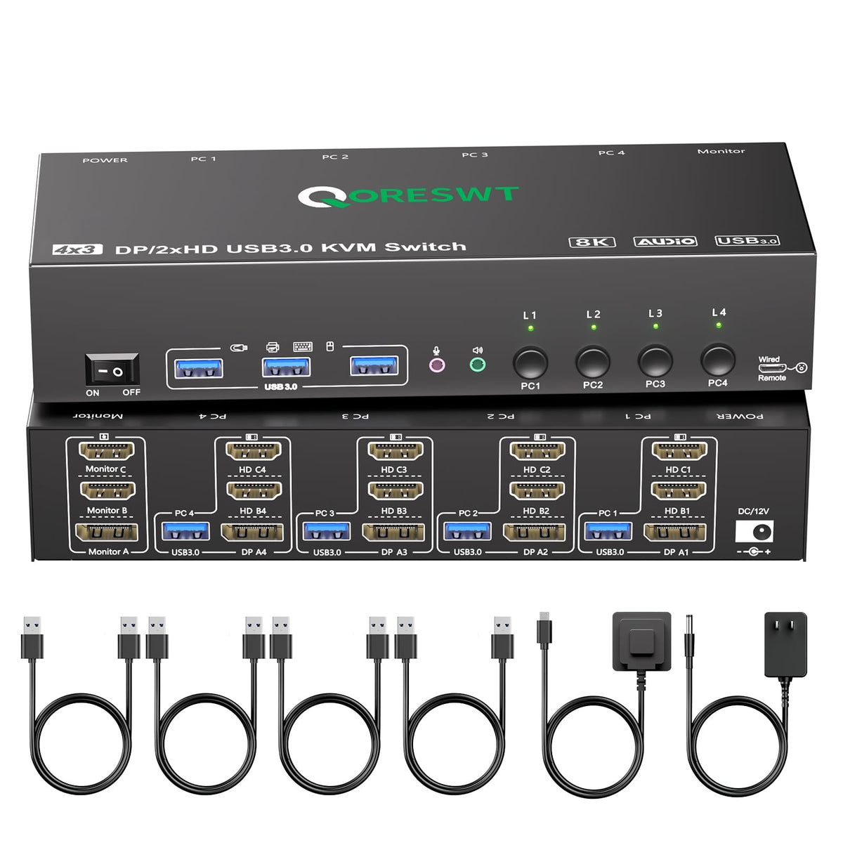 KVM Switch 3 Monitors 5 Computers HDMI + DisplayPort, 8K@30Hz/4k@144Hz Three Monitor KVM Switcher, Triple Monitor KVM for 5 PC, Widely Used in Education, Scientific Research, and AI Office