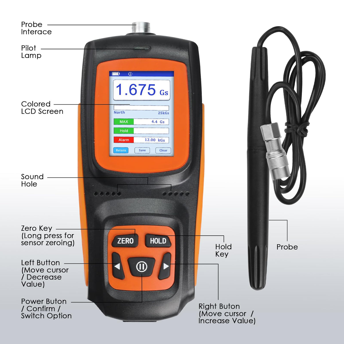 Gauss Meter ±1% High Precision Tesla Meter 0-2500mT 25000Gs Hall Sensor Magnetic Field Tester Data Storage USB Rechargeable TFT Display DC Field Measurement Device