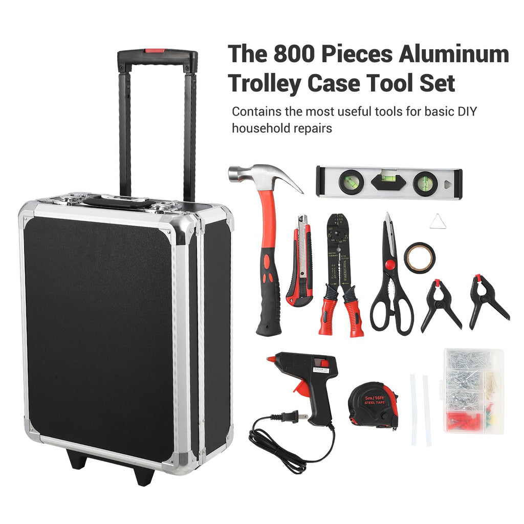 800 Pieces Mechanic Tool Set with Rolling Tool Case, Complete Tool Box Set with Socket Wrenches, Portable Mechanic Kit for Home & Auto Repairs