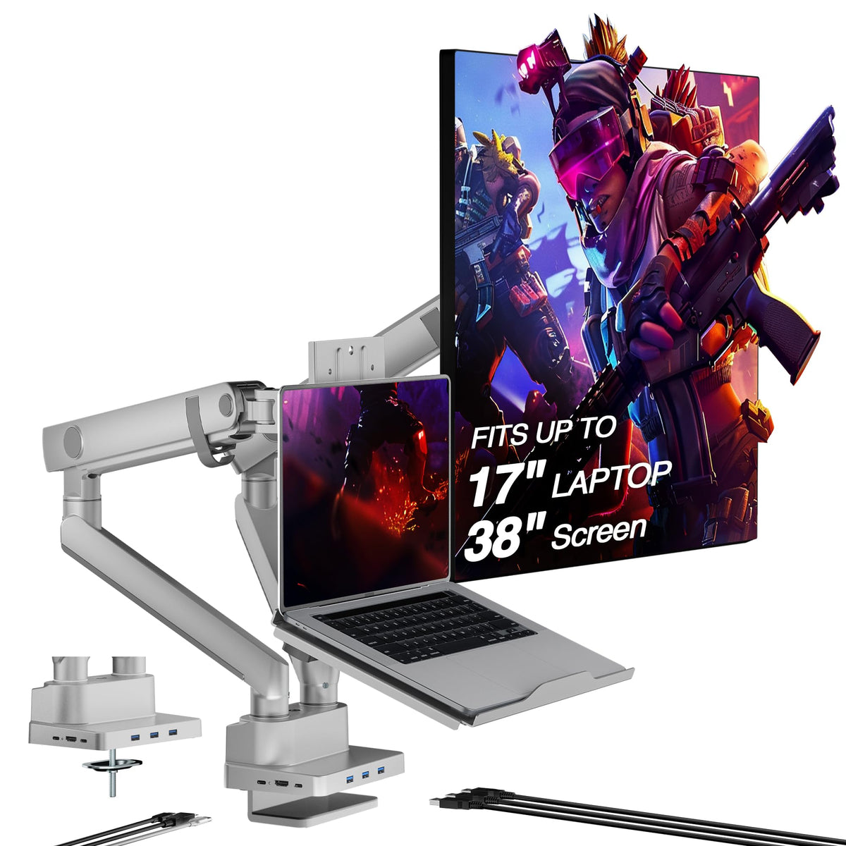 AVLT Laptop & Monitor Arm Desk Mount for 17-38" Screens, USB-C Dock - Gray