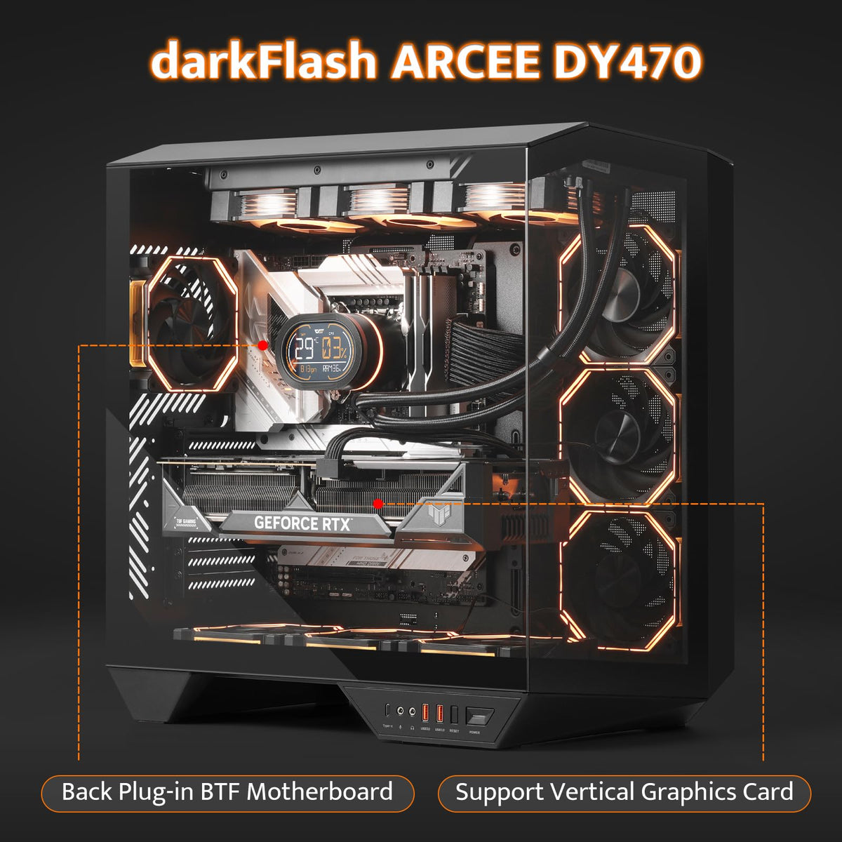 darkFlash DY470 Full-Tower ATX Gaming PC Case with 4 PWM ARGB Fans, Black