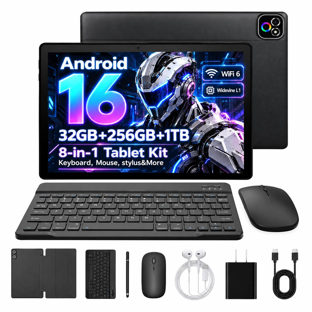Tablet 11 inch Android 16 Tablet, 2‑in‑1 Tablet Bundle with Keyboard, Wireless Mouse, Stylus, 32GB+256GB+1TB TF Expansion, 7800mAh, Portable for Students & Business