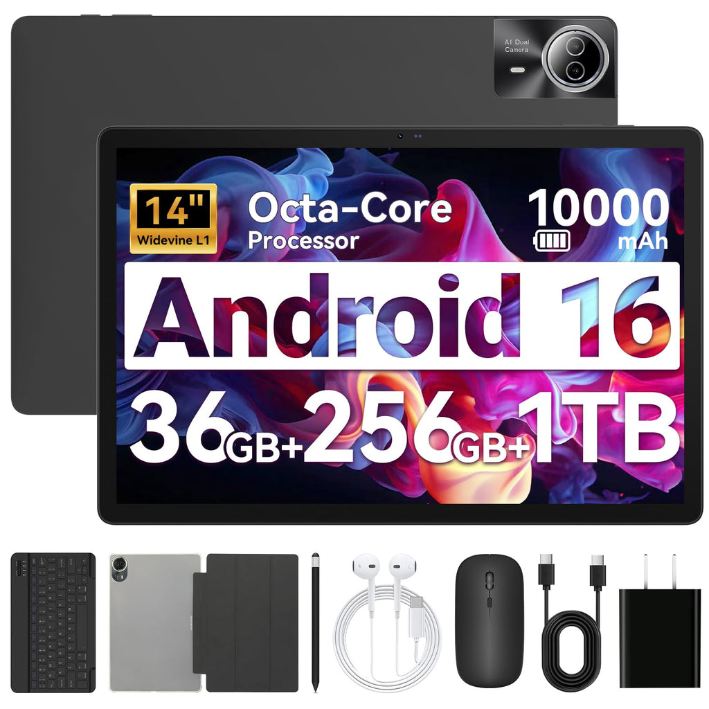 Tablet｜14 inch Android 16 Tablet｜36GB RAM 256GB ROM ｜1920 * 1200 IPS FHD｜10000mAh 30W Fast Charging｜Octa-core Processor｜Wi-Fi 6, BT 5.4｜Dual Camera with Gemini AI｜Keyboard｜Stylus｜Case｜Headphone