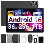 Tablet｜14 inch Android 16 Tablet｜36GB RAM 256GB ROM ｜1920 * 1200 IPS FHD｜10000mAh 30W Fast Charging｜Octa-core Processor｜Wi-Fi 6, BT 5.4｜Dual Camera with Gemini AI｜Keyboard｜Stylus｜Case｜Headphone