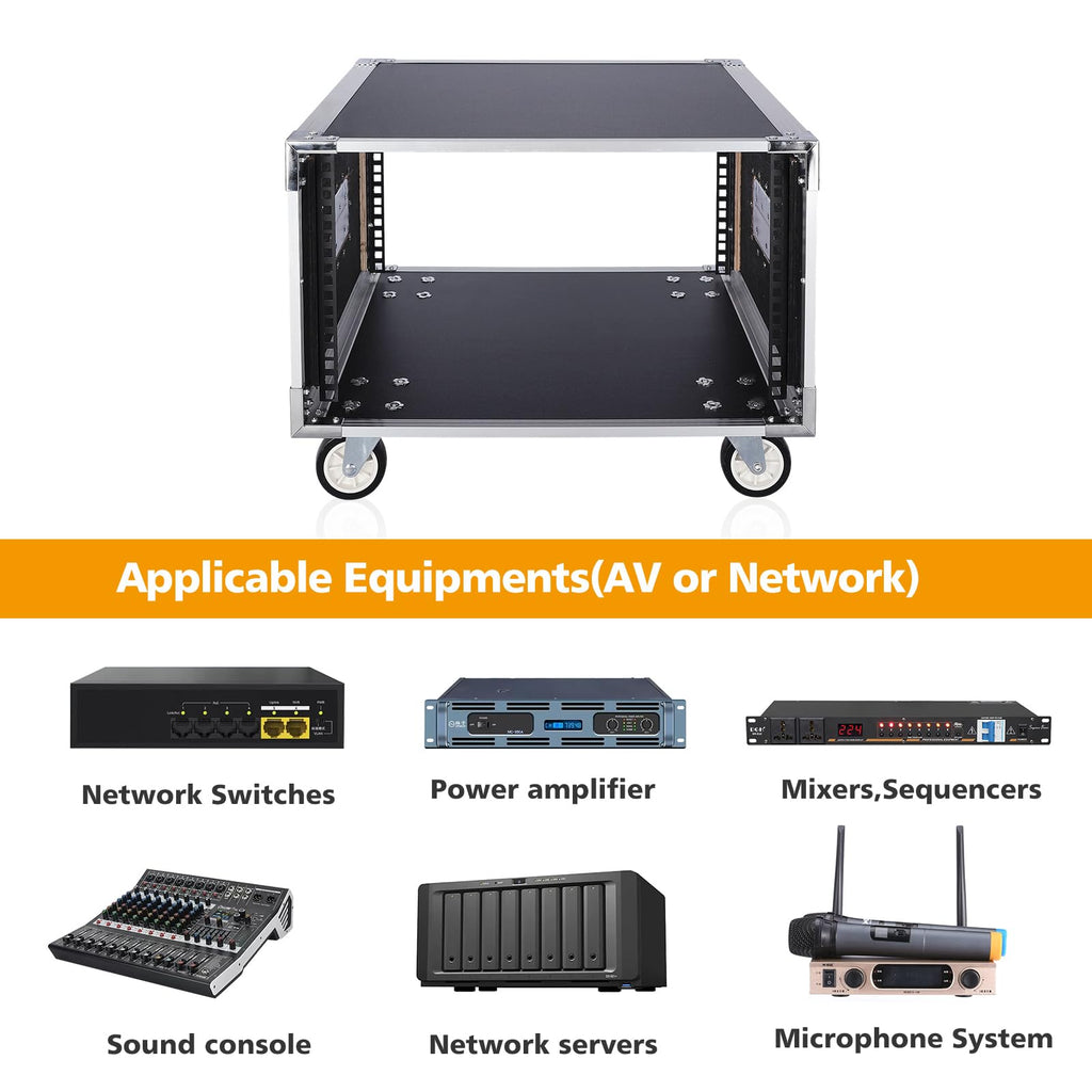 AV Gear Rack 6U Home Audio & Video Stage Stereo Equipment Storage Cabinet Stand On Wheels - Mobile Floor Standing - 6U 19in Server IT Network Data Devices Storage Rack Cabinet