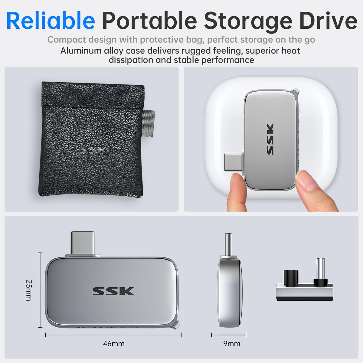 SSK USB-C Drive 1TB Portable SSD External Solid State Drive Up to 1050MB/s