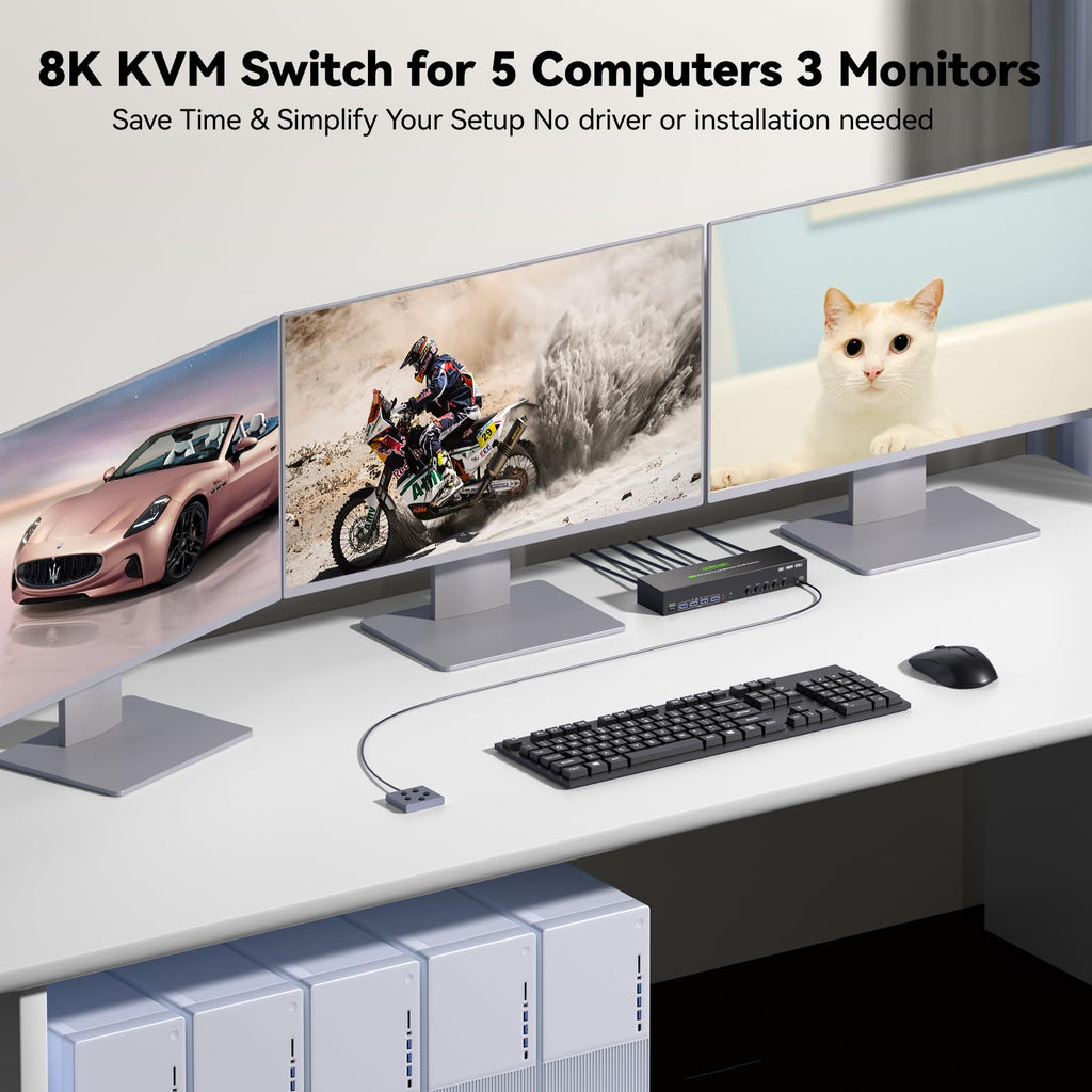 KVM Switch 3 Monitors 5 Computers HDMI + DisplayPort, 8K@30Hz/4k@144Hz Three Monitor KVM Switcher, Triple Monitor KVM for 5 PC, Widely Used in Education, Scientific Research, and AI Office