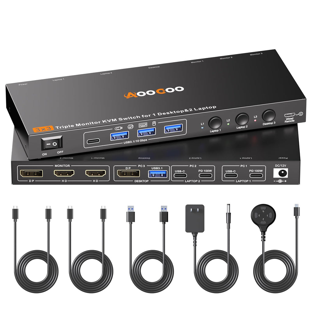 USB C DP KVM Switch 3 Computers 3 Monitors,4K/1080P@60Hz MST KVM Switch for 1 PC&2 Laptop Share 3 Monitor with 4 USB3.0 Devices,PD for Laptop, USB Cables and Power Adapter(4K USB C DP 3 in 3 Out KVM)