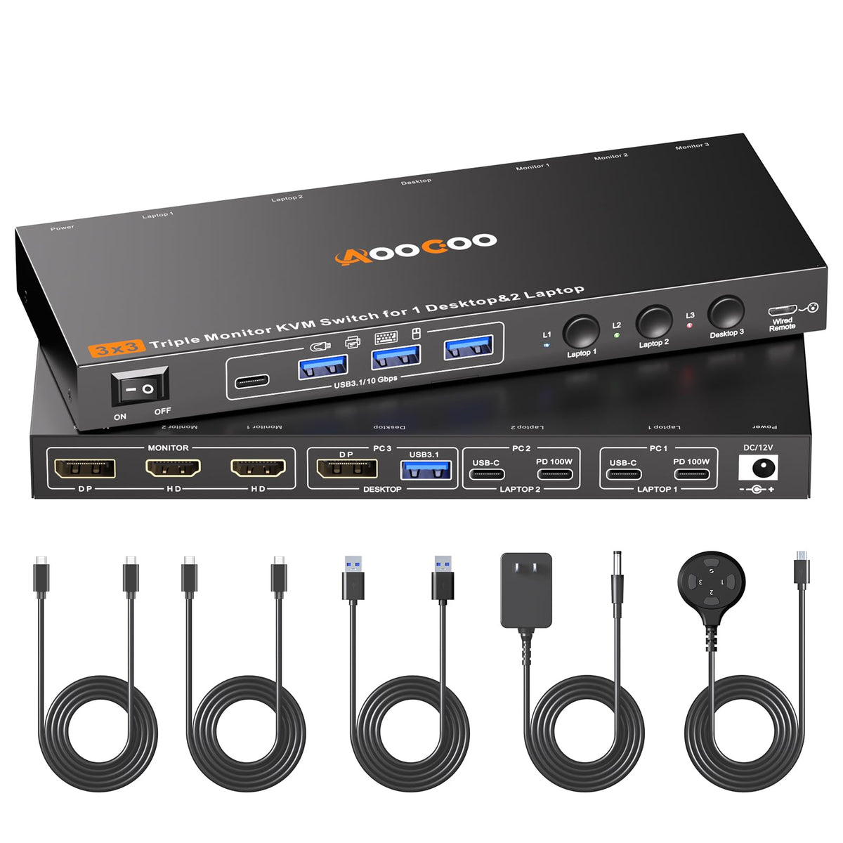 USB C DP KVM Switch 3 Computers 3 Monitors,4K/1080P@60Hz MST KVM Switch for 1 PC&2 Laptop Share 3 Monitor with 4 USB3.0 Devices,PD for Laptop, USB Cables and Power Adapter(4K USB C DP 3 in 3 Out KVM)