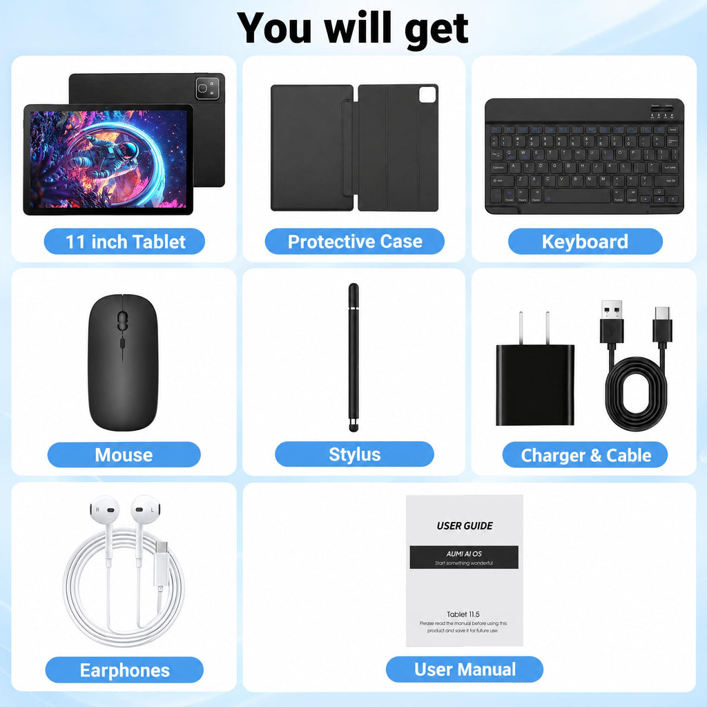 Tablet 11 inch Android 16 Tablet, 2‑in‑1 Tablet Bundle with Keyboard, Wireless Mouse, Stylus, 32GB+256GB+1TB TF Expansion, 7800mAh, Portable for Students & Business