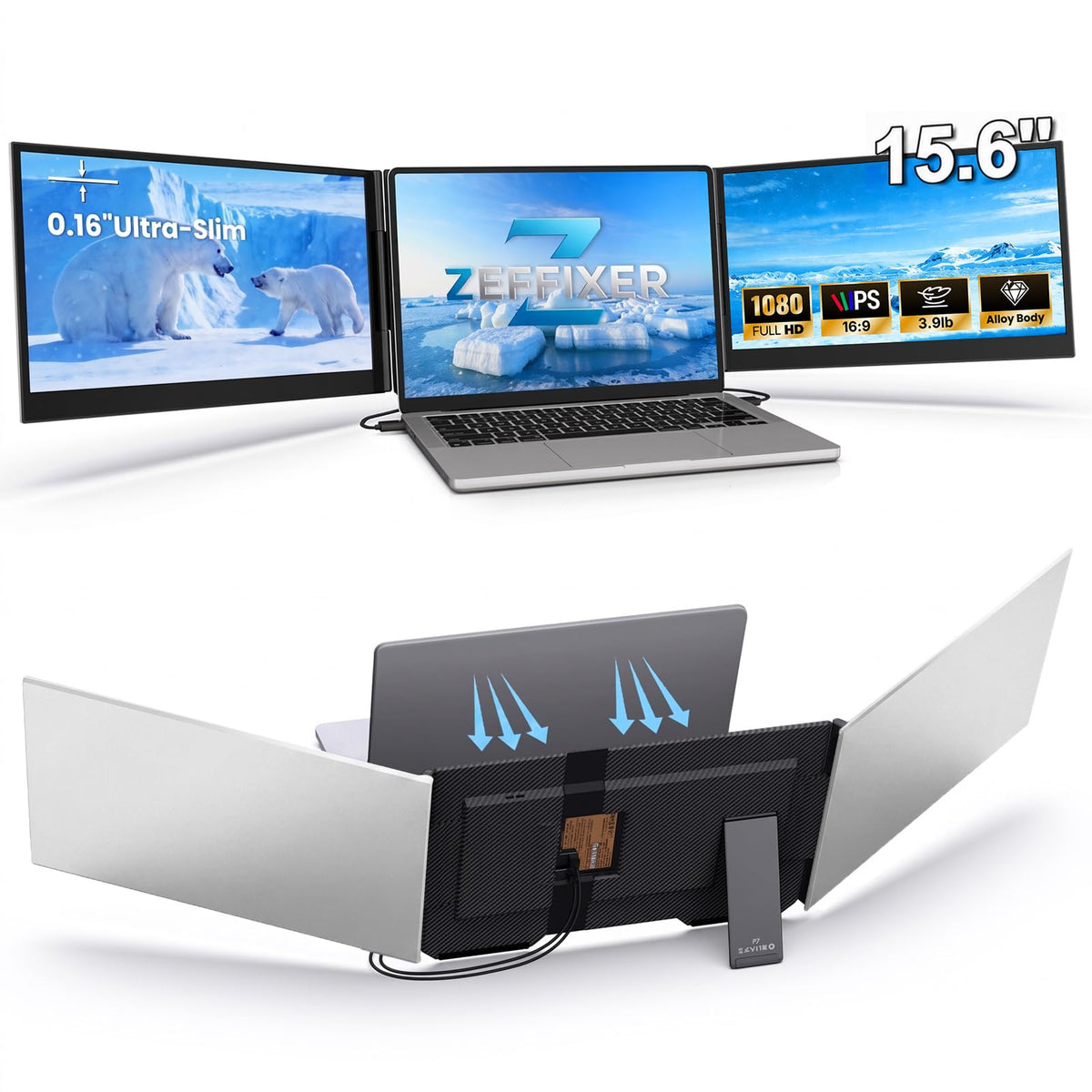 15.6" Triple Laptop Screen Extender, 1080P FHD Ultra-Slim Portable Monitor