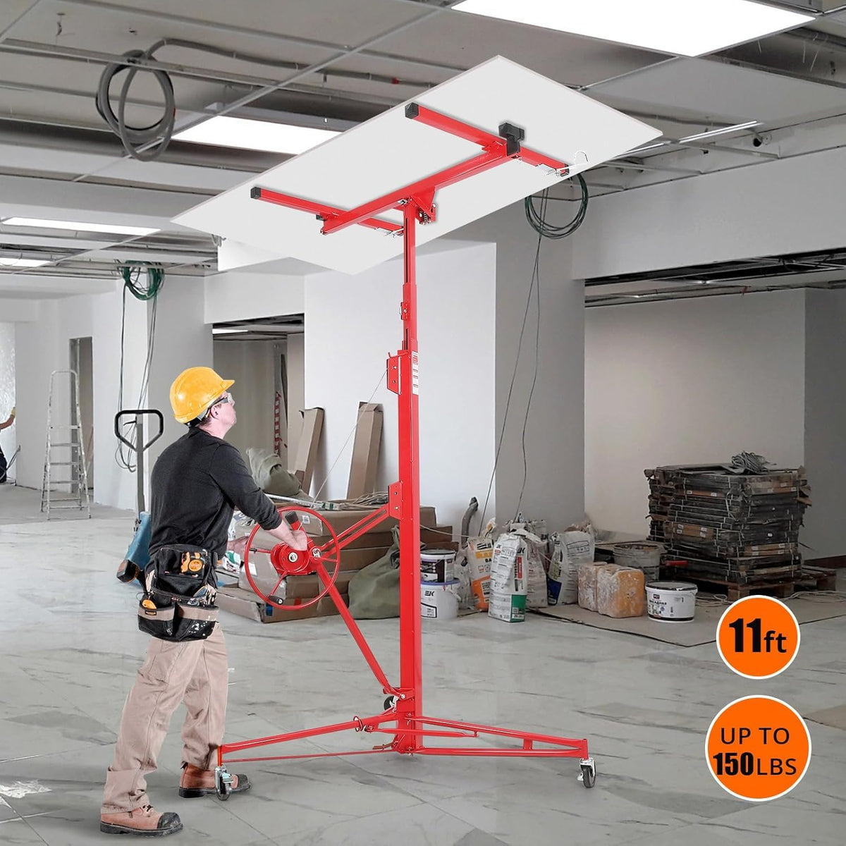 11 FT Drywall Lift Panel Rolling Hoist Jack Lifter, Sheetrock Lift Drywall Lift, Foldable Adjustable Drywall Jack Lift for Ceiling and Walls and Home Improvement, with 3 Lockable Wheels, Red