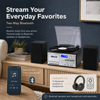 10 in 1 Record Player with External Speakers, Timeless Vintage Style & Rich Stereo Sound, Two-Way Bluetooth, 3-Speed Turntable, CD, Cassette, AM/FM Radio, USB/SD, Remote Control, Black