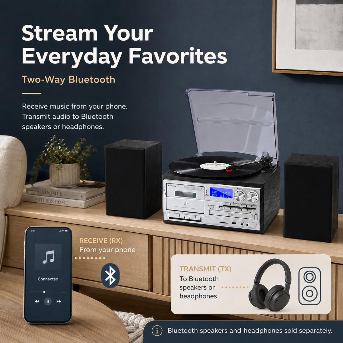 10 in 1 Record Player with External Speakers, Timeless Vintage Style & Rich Stereo Sound, Two-Way Bluetooth, 3-Speed Turntable, CD, Cassette, AM/FM Radio, USB/SD, Remote Control, Black
