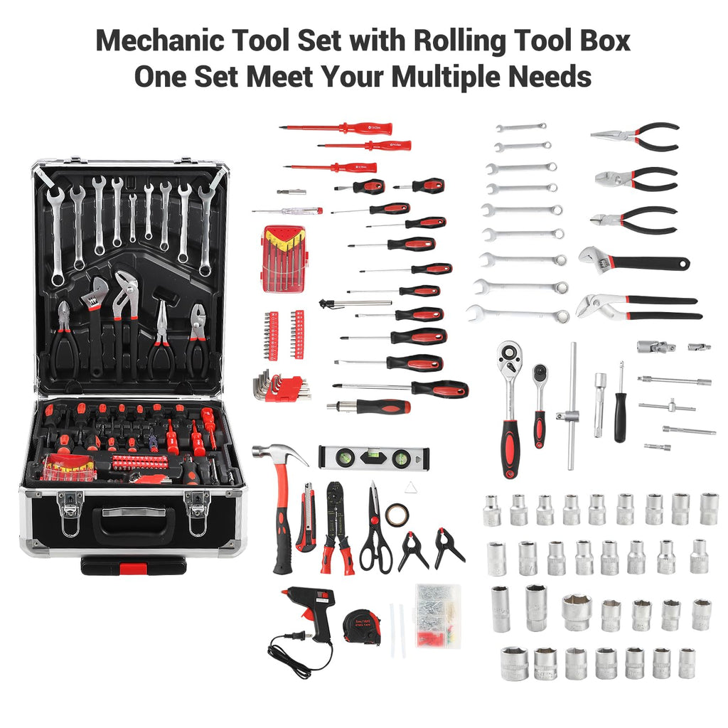 800 Pieces Mechanic Tool Set with Rolling Tool Case, Complete Tool Box Set with Socket Wrenches, Portable Mechanic Kit for Home & Auto Repairs